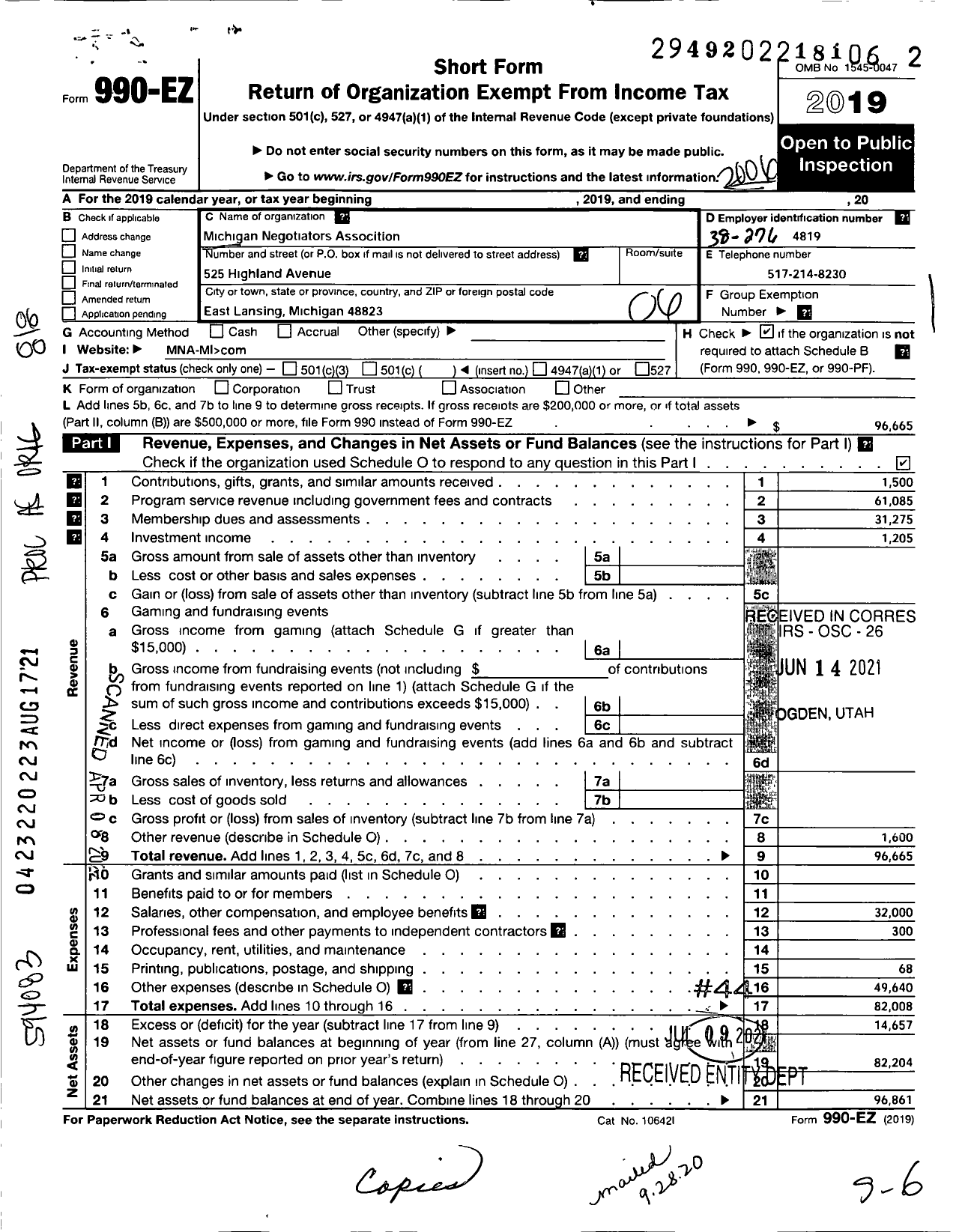 Image of first page of 2019 Form 990EO for Michigan Negotiators Association