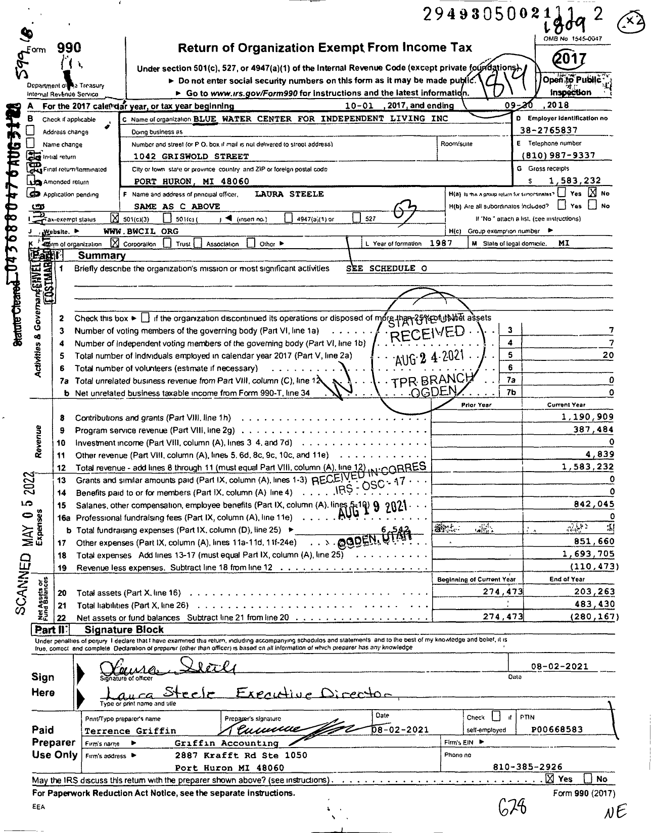 Image of first page of 2017 Form 990 for Blue Water Center for Independent Living