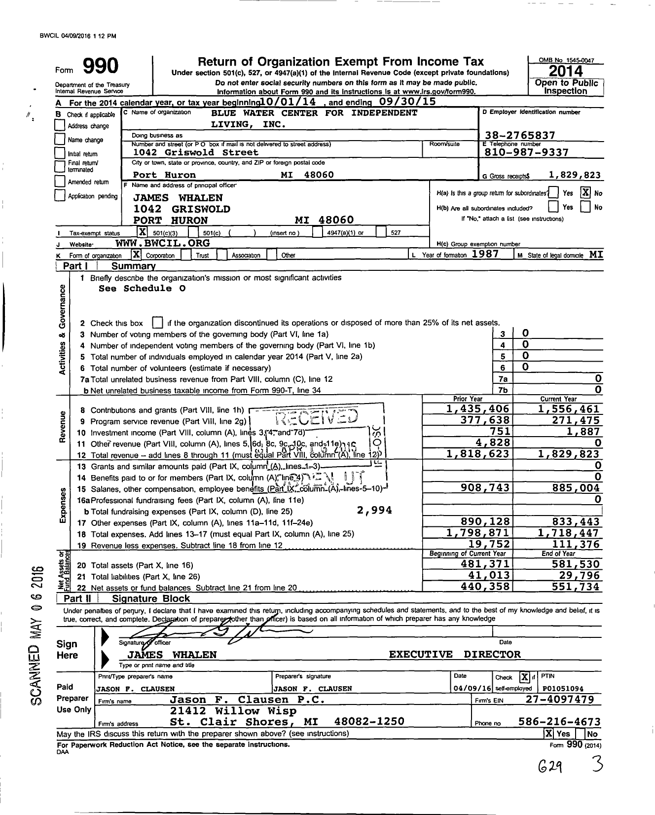 Image of first page of 2014 Form 990 for Blue Water Center for Independent Living