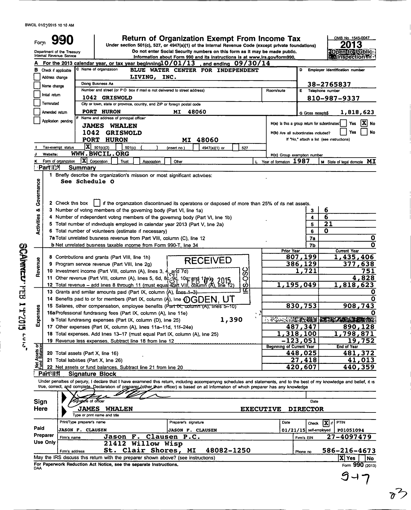 Image of first page of 2013 Form 990 for Blue Water Center for Independent Living