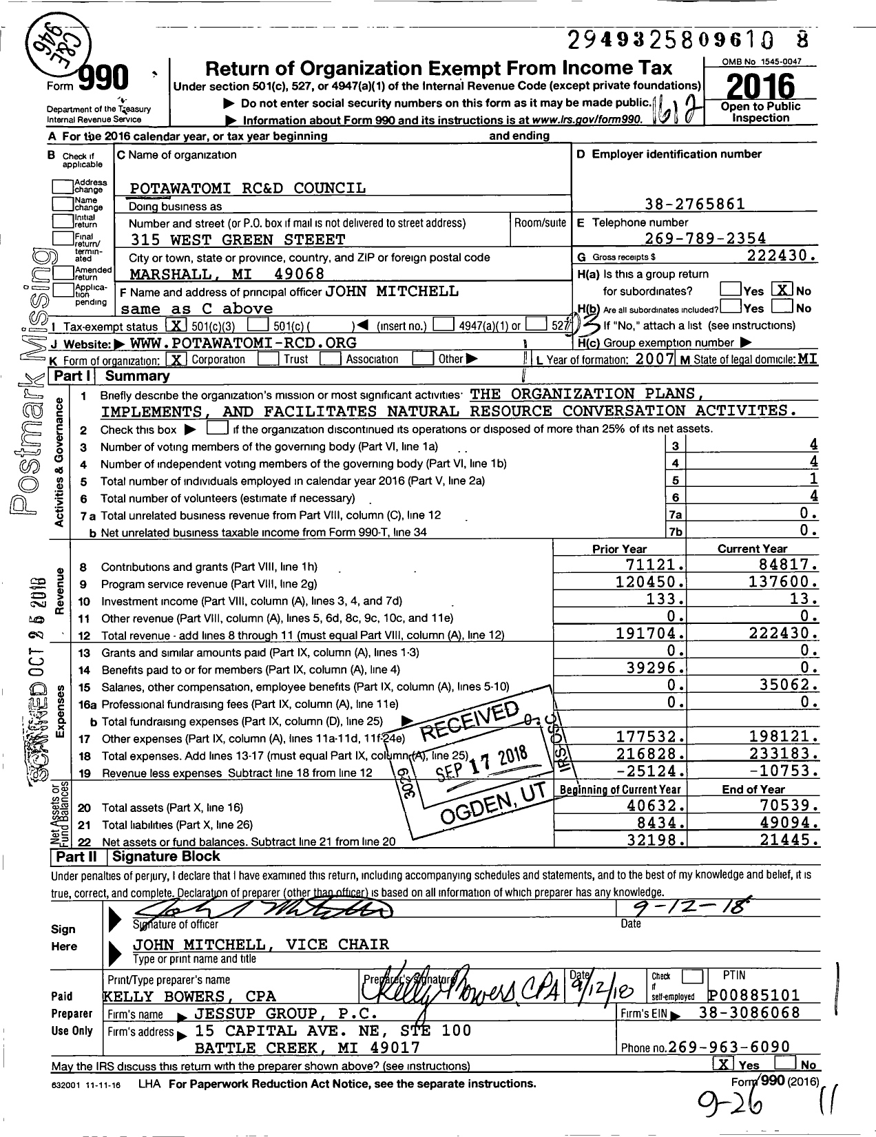 Image of first page of 2016 Form 990 for Potawatomi RC&D Council