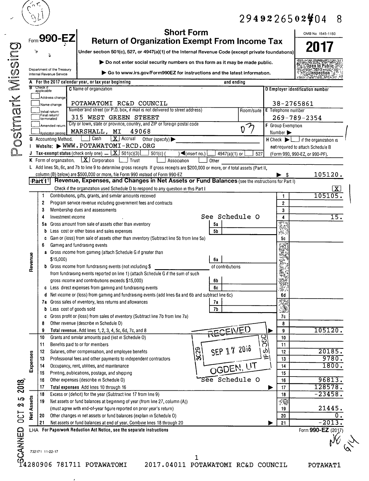 Image of first page of 2017 Form 990EZ for Potawatomi RC&D Council