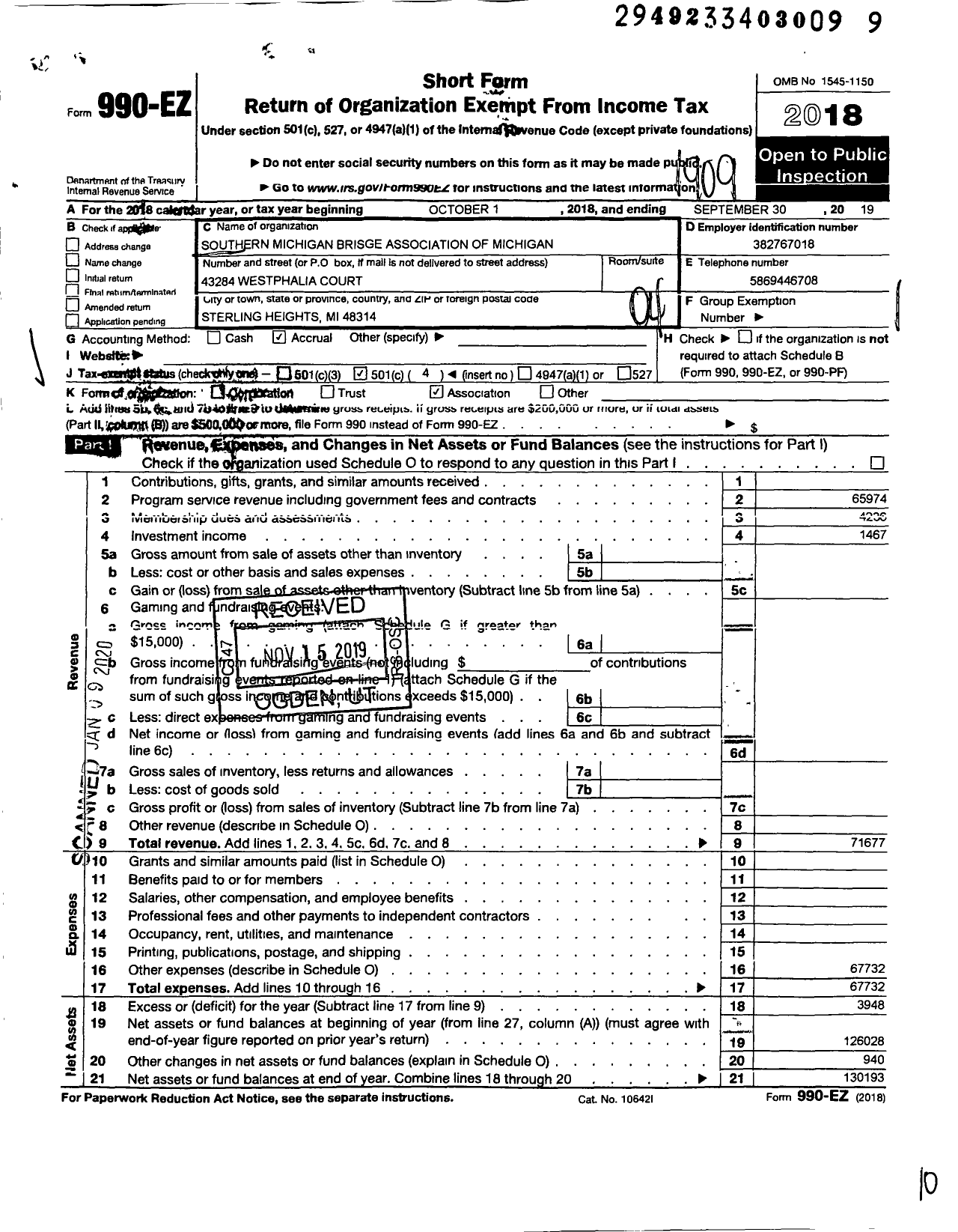 Image of first page of 2018 Form 990EO for Southern Michigan Birdge Association Unit 203 American Contact Bridge League