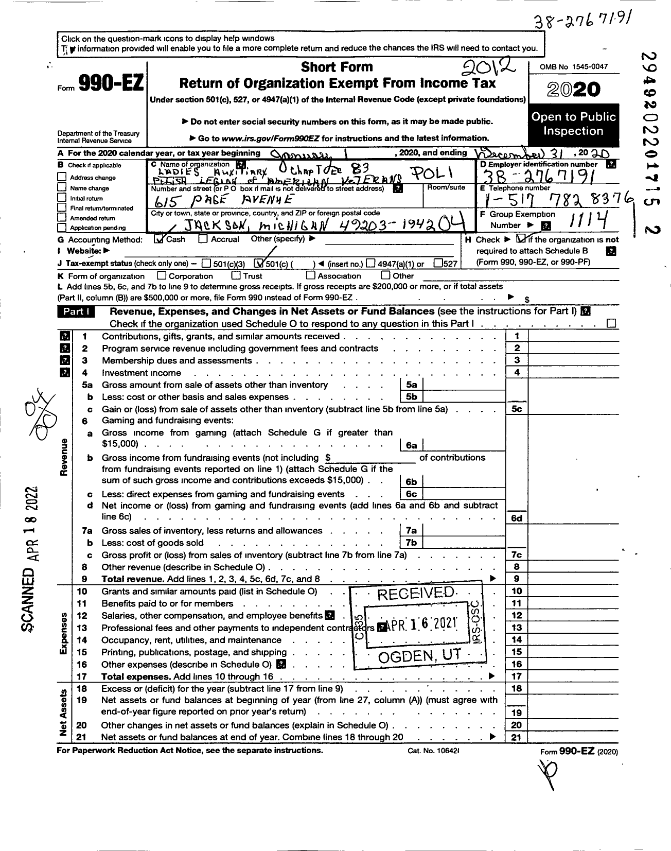 Image of first page of 2020 Form 990EO for Polish Legion of American Veterans National Dept Ladies Auxiliary - Czarnecki-Kuzma CH 83