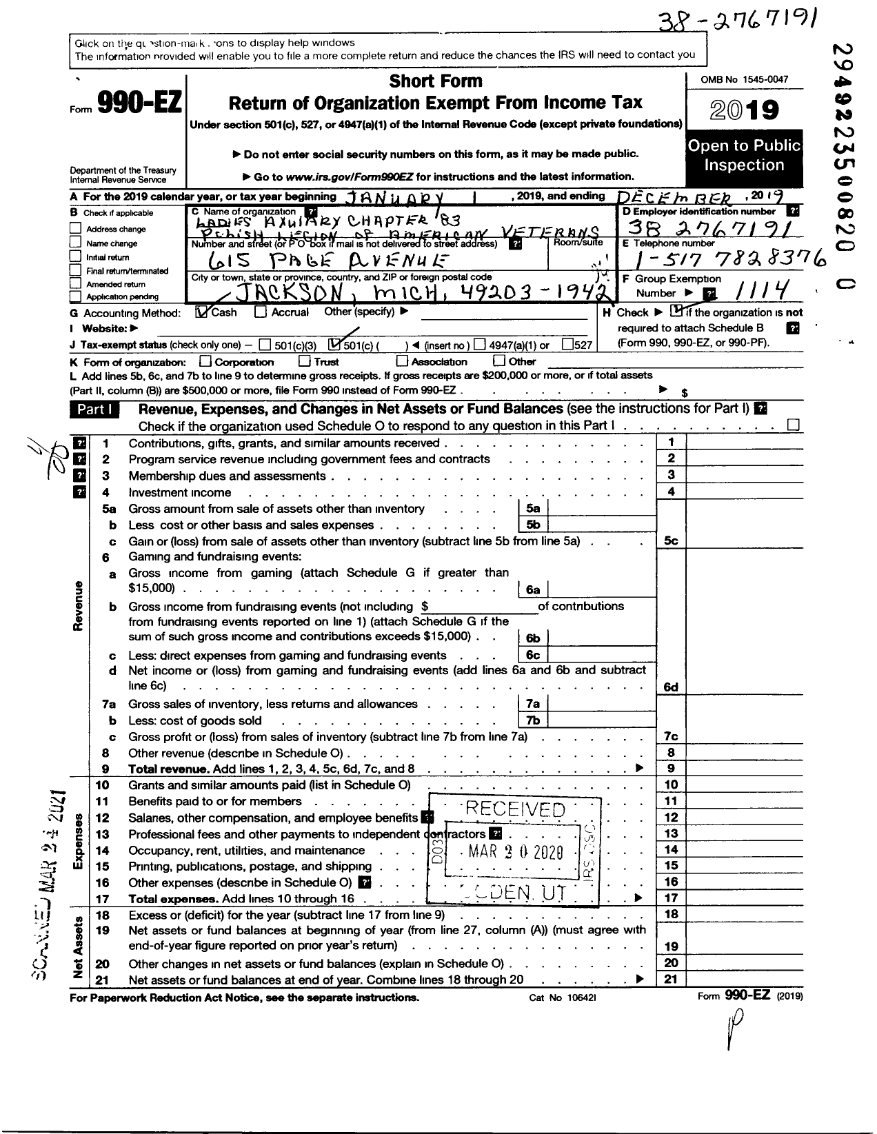 Image of first page of 2019 Form 990EO for Polish Legion of American Veterans National Dept Ladies Auxiliary - Czarnecki-Kuzma CH 83