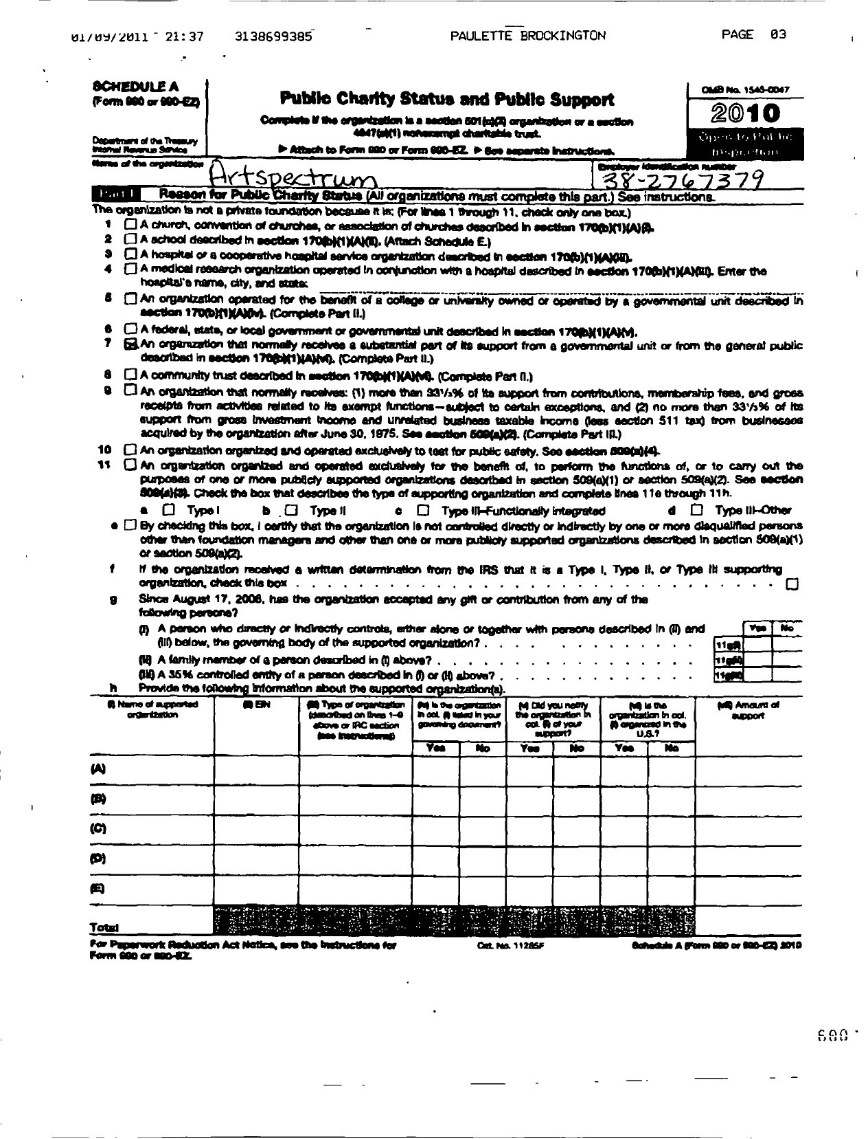 Image of first page of 2008 Form 990R for Artspectrum