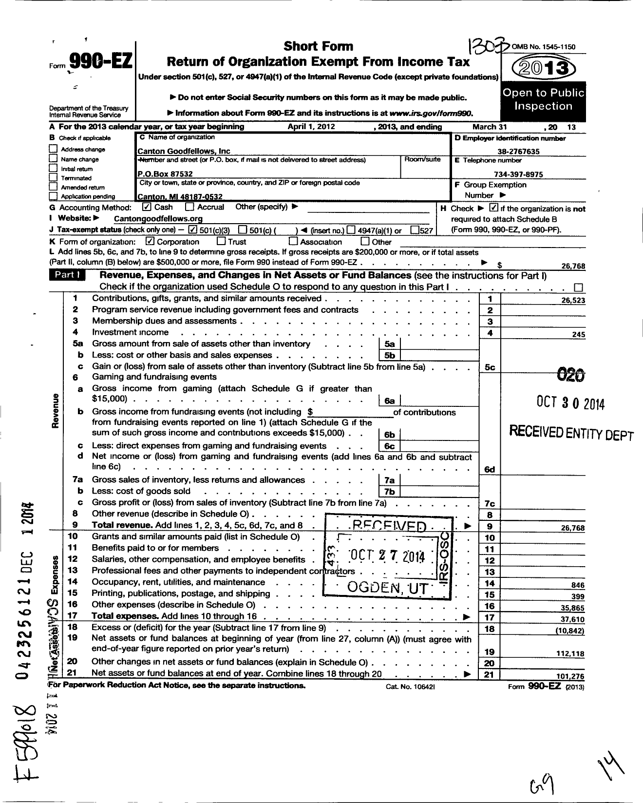 Image of first page of 2012 Form 990EZ for Canton Goodfellows