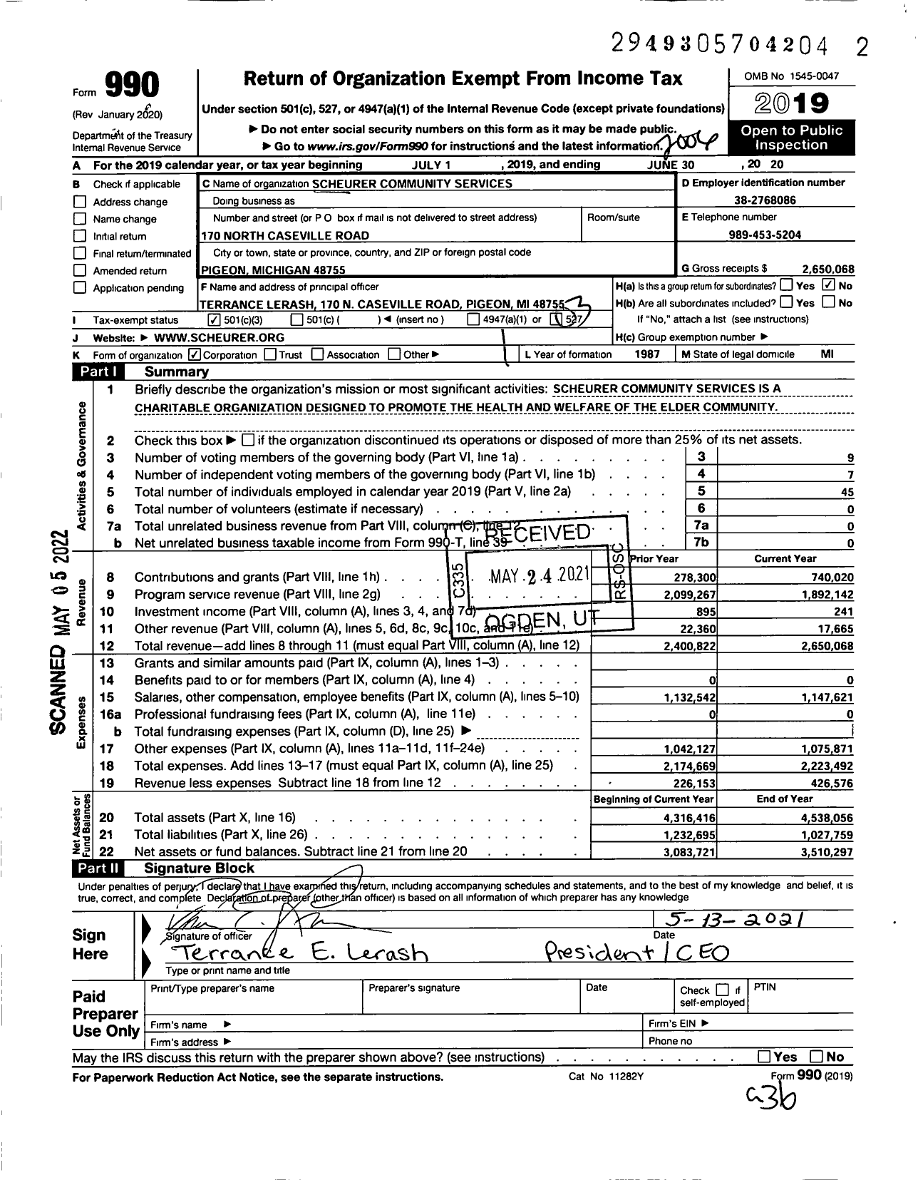 Image of first page of 2019 Form 990 for Scheurer Community Services