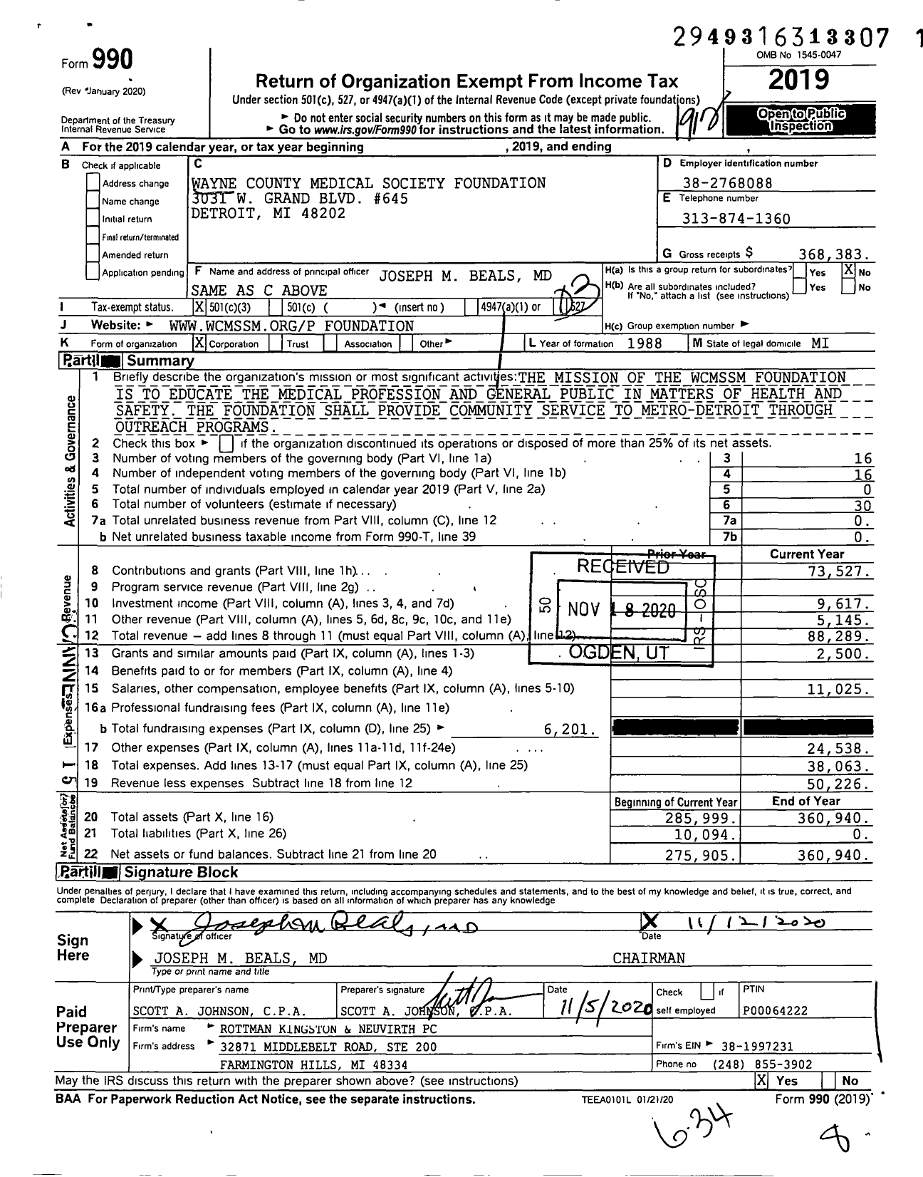 Image of first page of 2019 Form 990 for Wayne County Medical Society Foundation