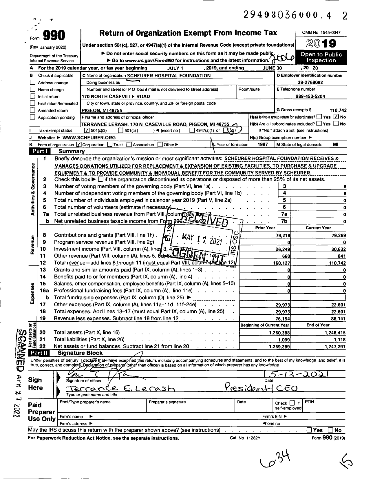 Image of first page of 2019 Form 990 for Scheurer Hospital Foundation