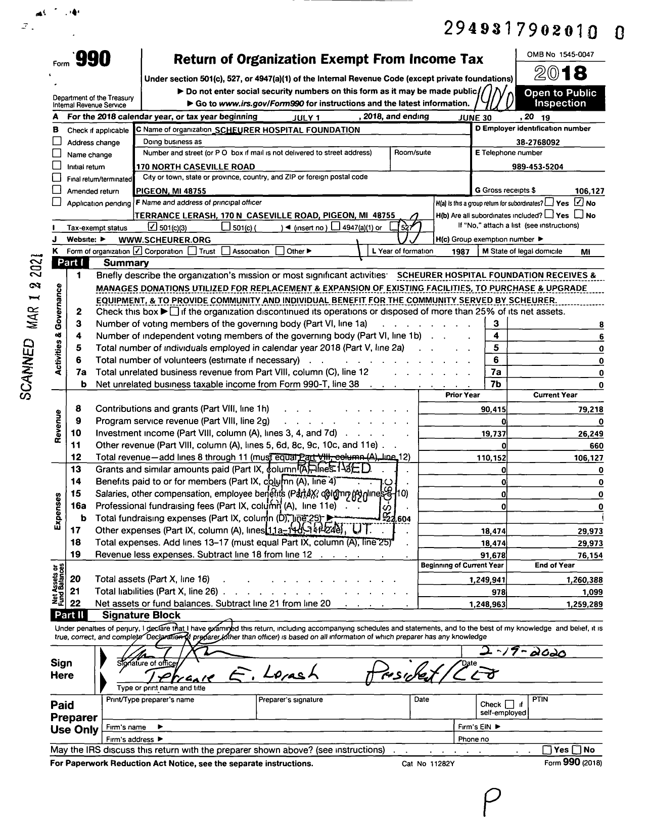 Image of first page of 2018 Form 990 for Scheurer Hospital Foundation