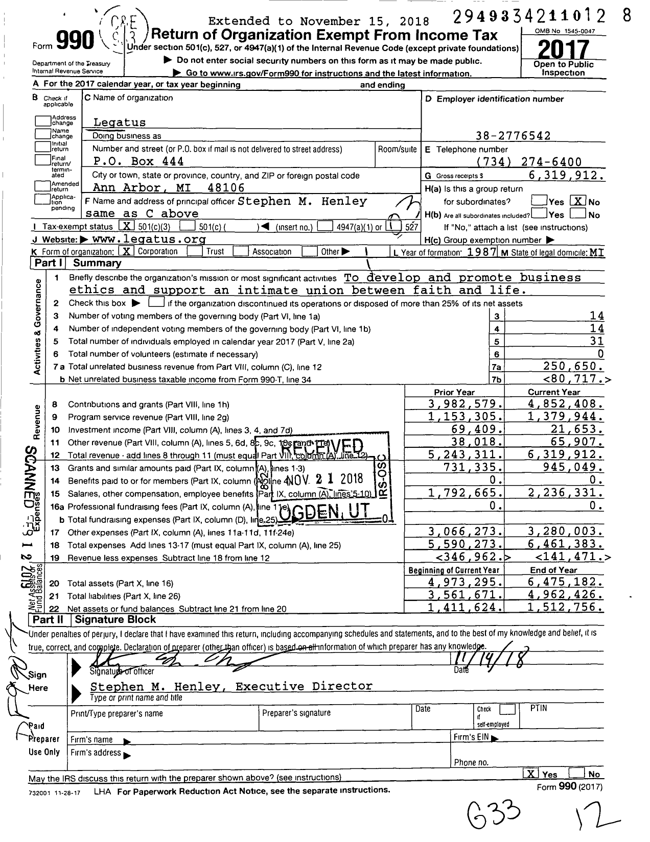 Image of first page of 2017 Form 990 for Legatus