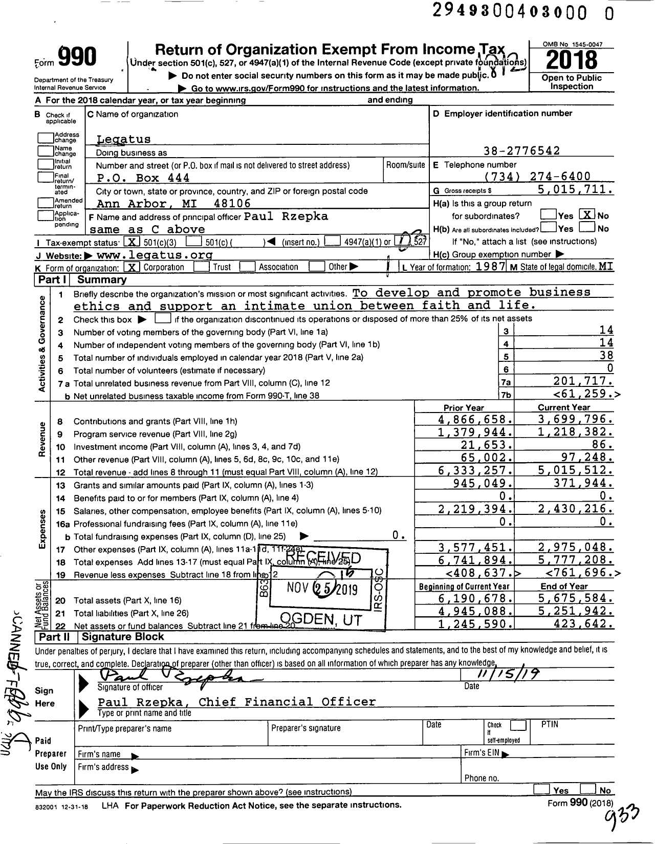 Image of first page of 2018 Form 990 for Legatus