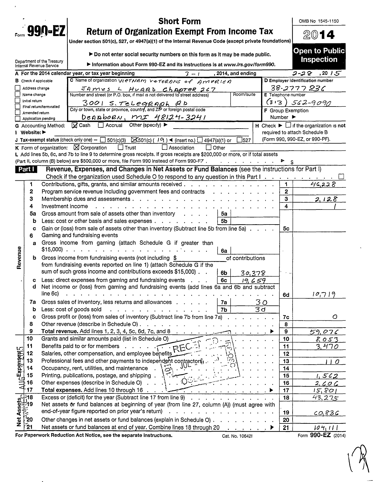 Image of first page of 2014 Form 990EO for Vietnam Veterans of America - 267 James Huard Vva Chapter