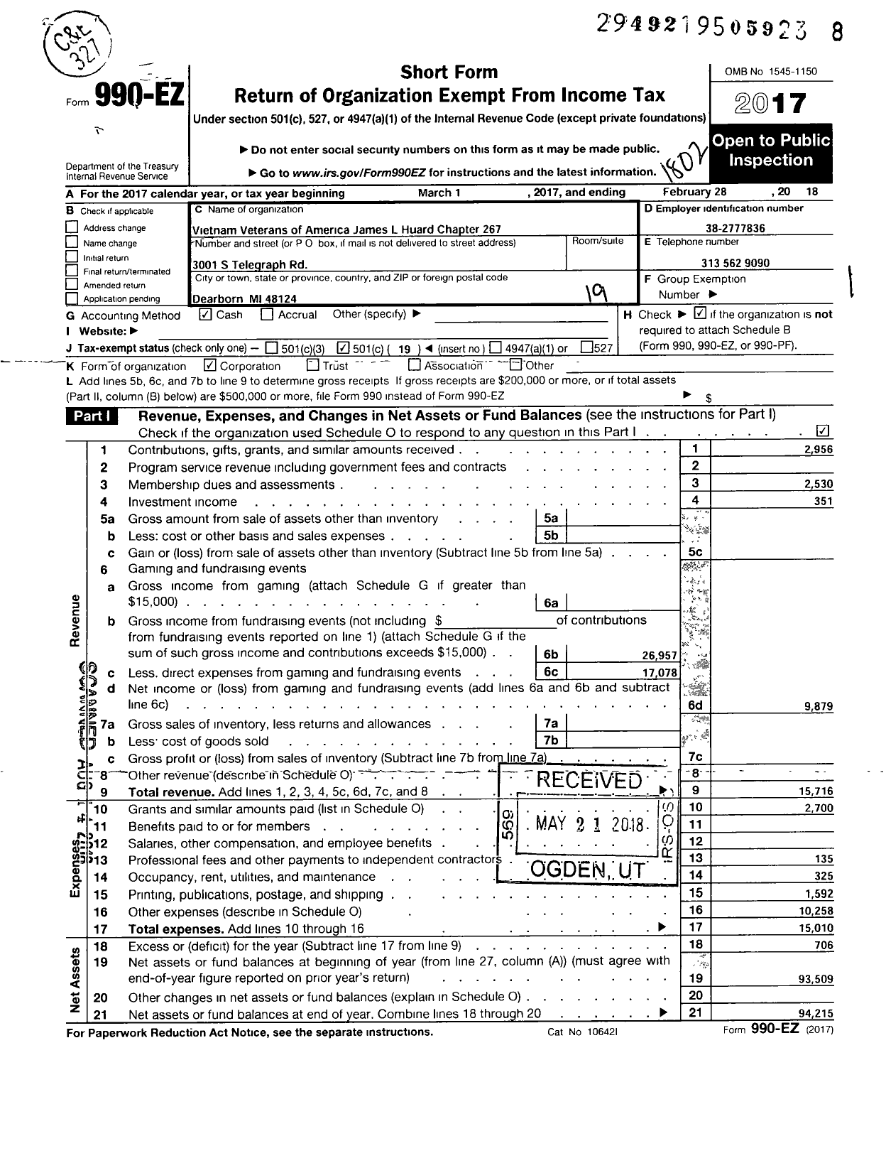 Image of first page of 2017 Form 990EO for Vietnam Veterans of America - 267 James Huard Vva Chapter