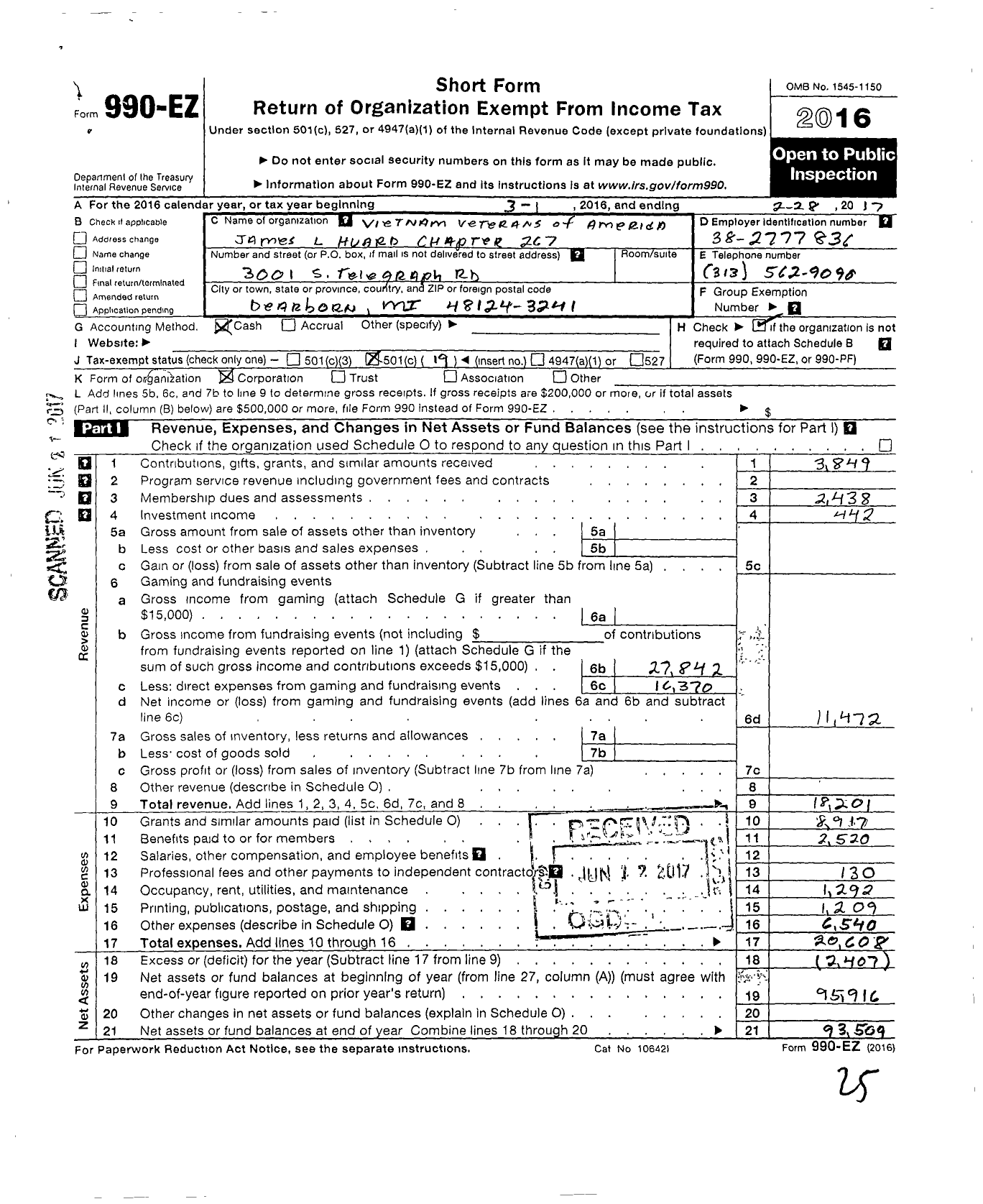 Image of first page of 2016 Form 990EO for Vietnam Veterans of America - 267 James Huard Vva Chapter