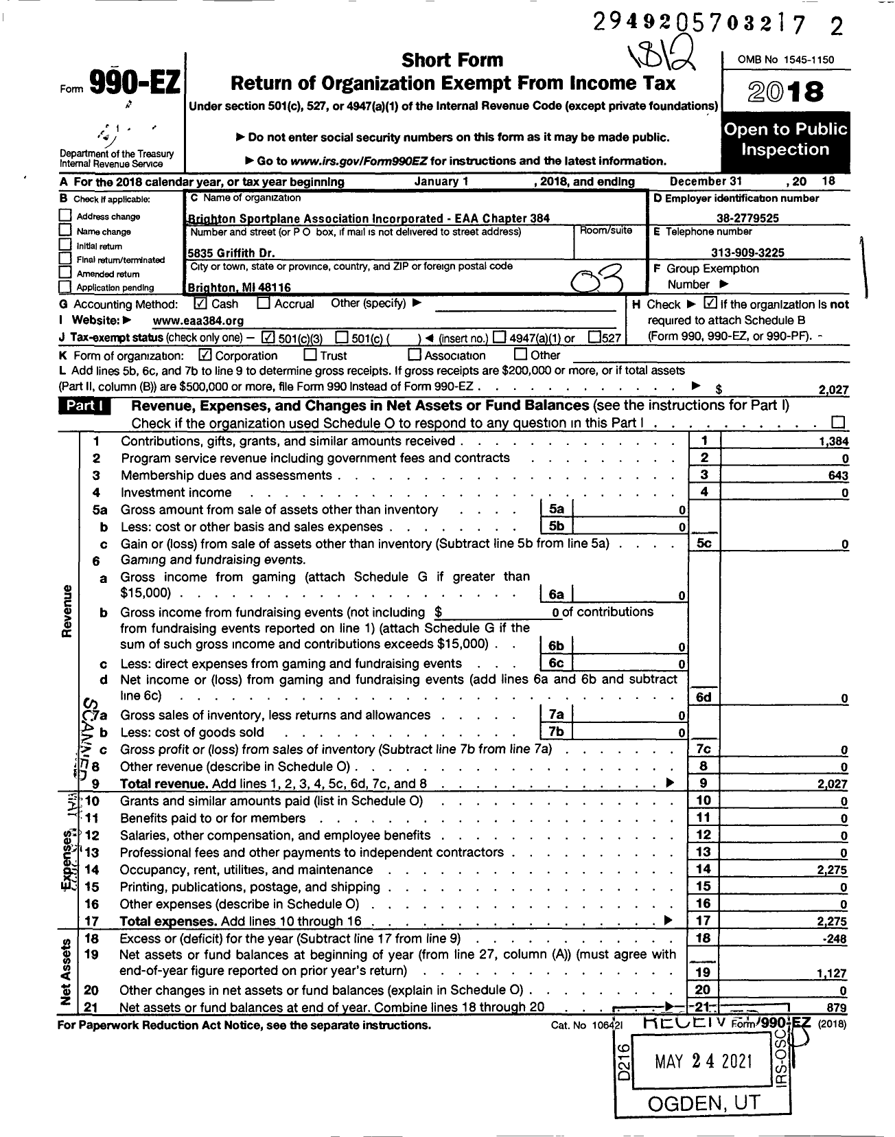 Image of first page of 2018 Form 990EZ for Brighton Sport Plan Association