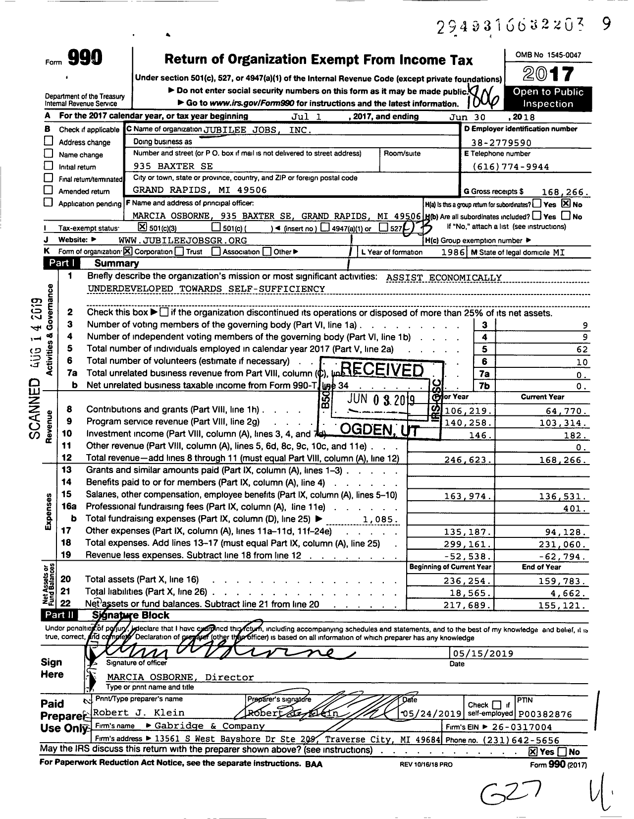 Image of first page of 2017 Form 990 for Jubilee Jobs