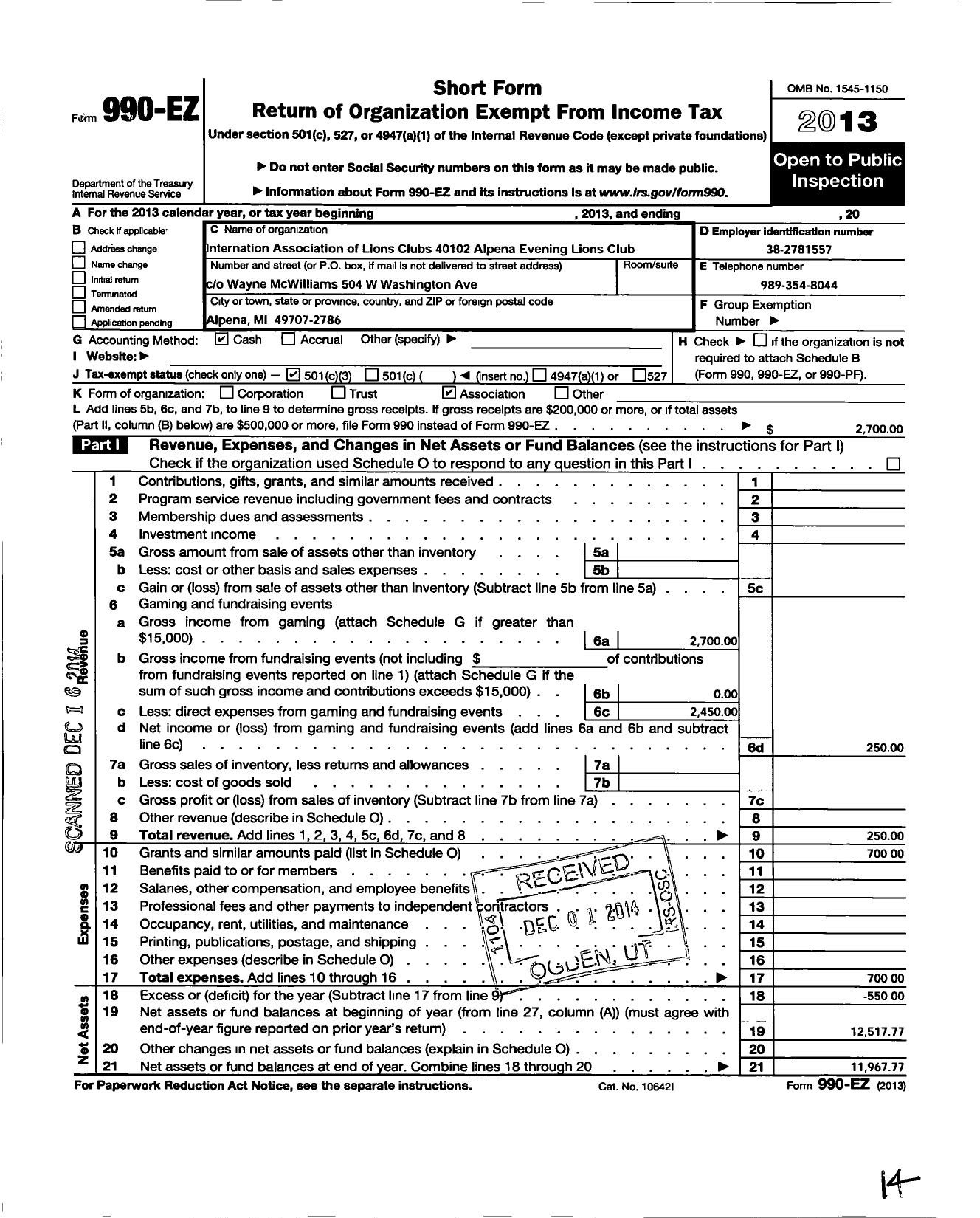 Image of first page of 2013 Form 990EZ for Internation Association of Lions Clubs / 40102 Alpena Evening