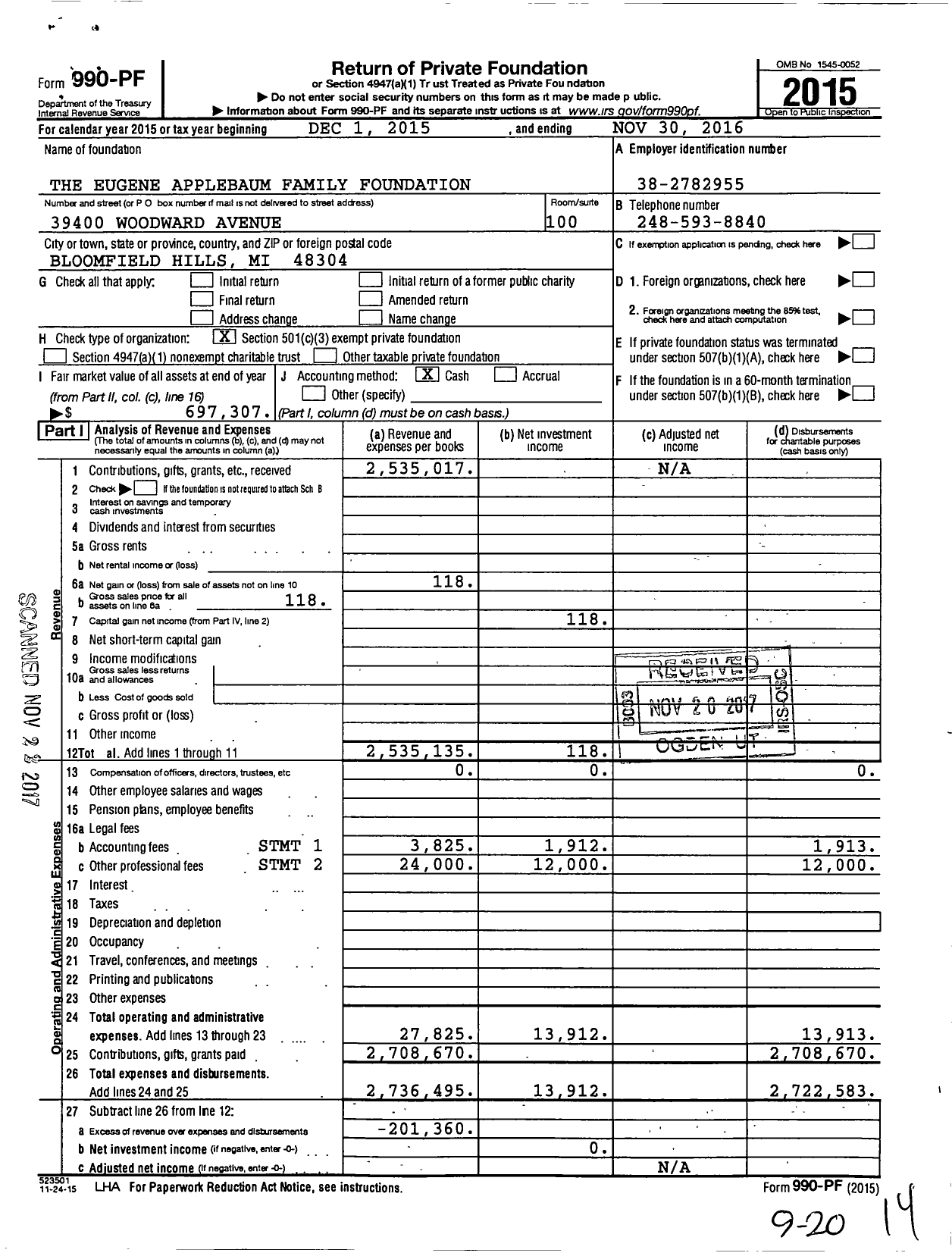 Image of first page of 2015 Form 990PF for The Eugene Applebaum Family Foundation