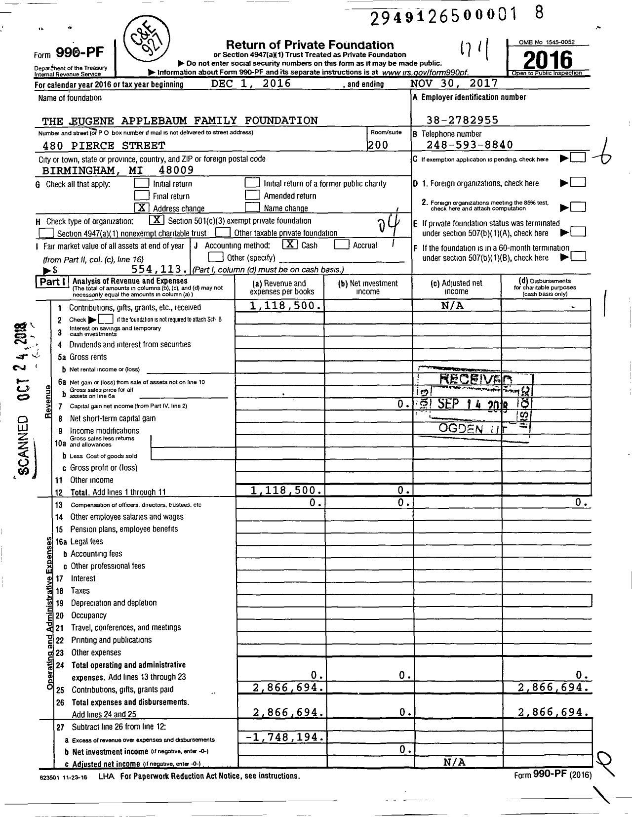 Image of first page of 2016 Form 990PF for The Eugene Applebaum Family Foundation