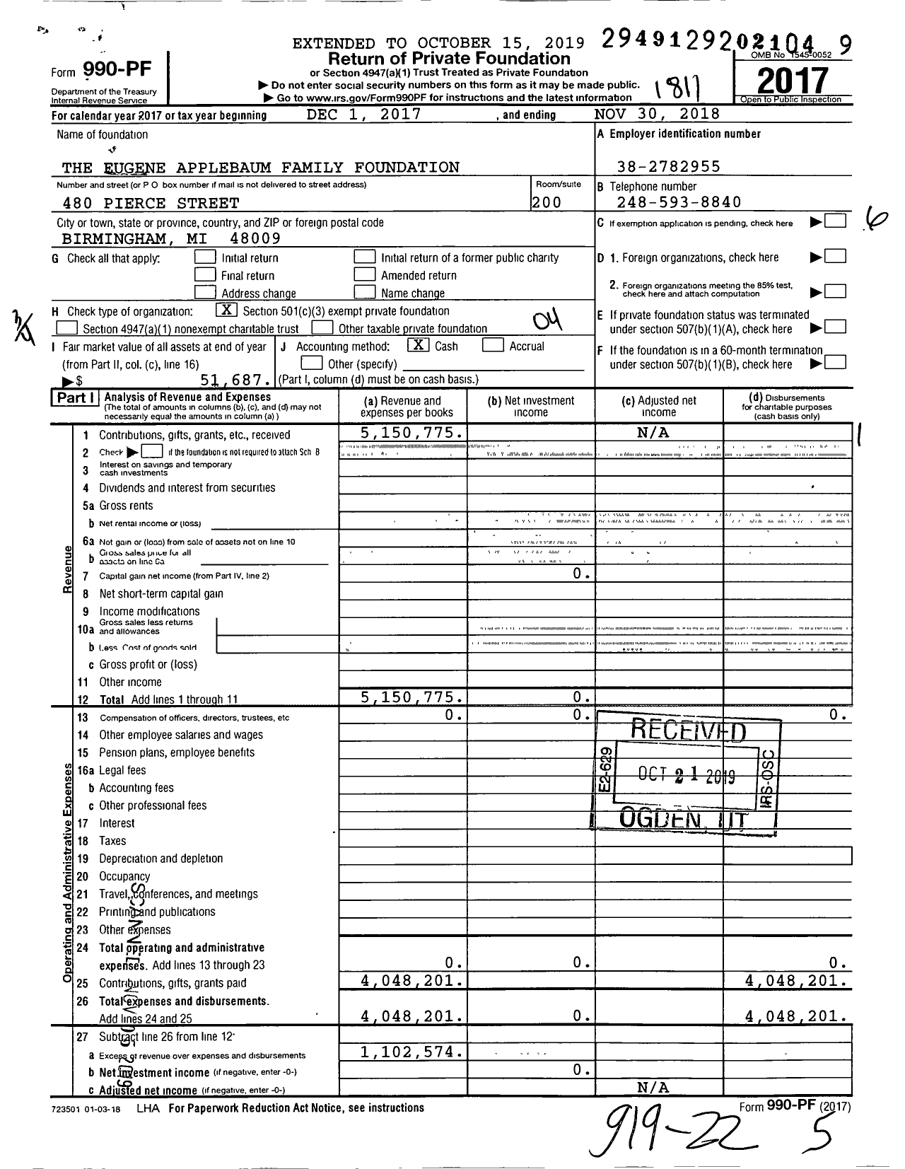 Image of first page of 2017 Form 990PF for The Eugene Applebaum Family Foundation
