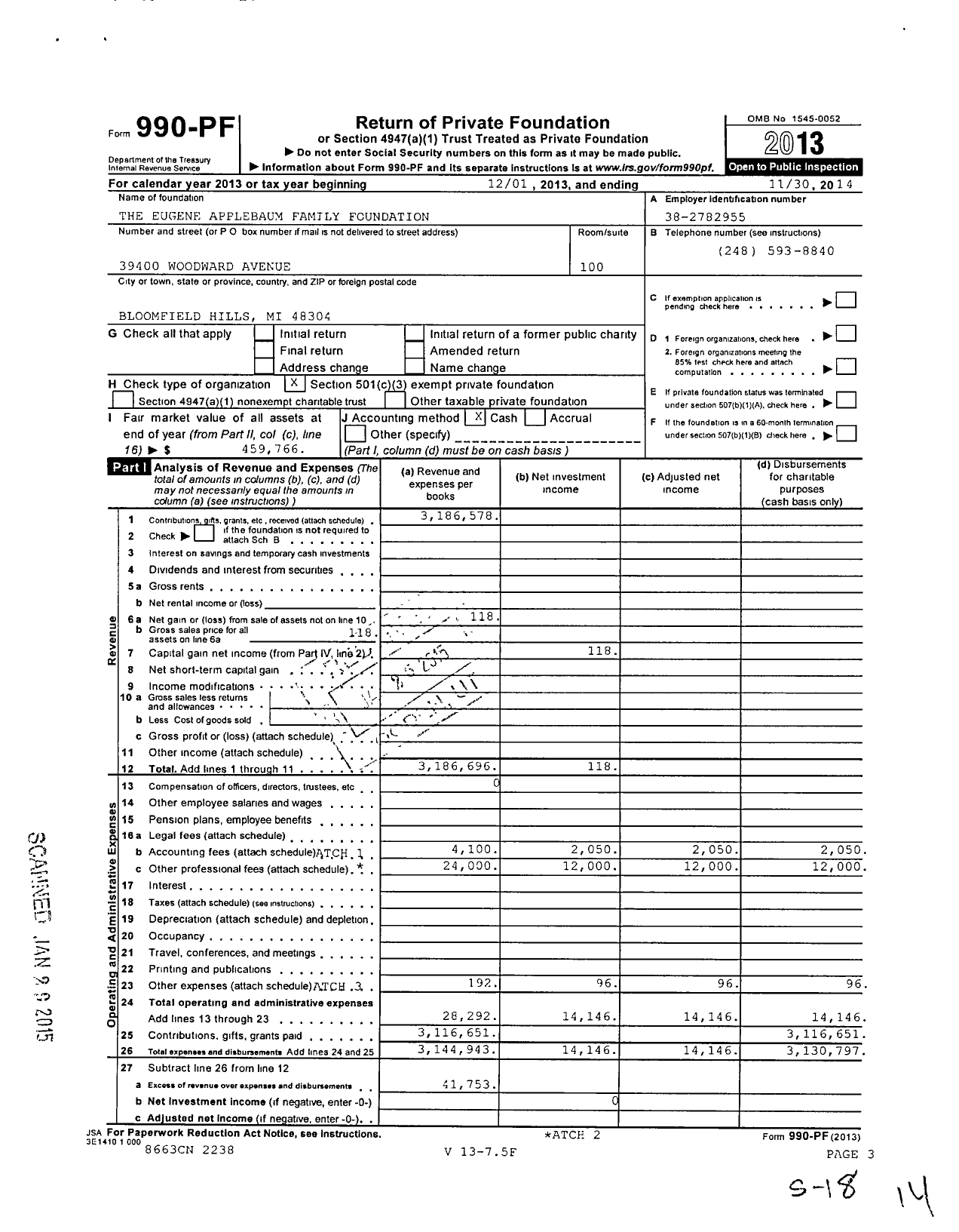 Image of first page of 2013 Form 990PF for The Eugene Applebaum Family Foundation