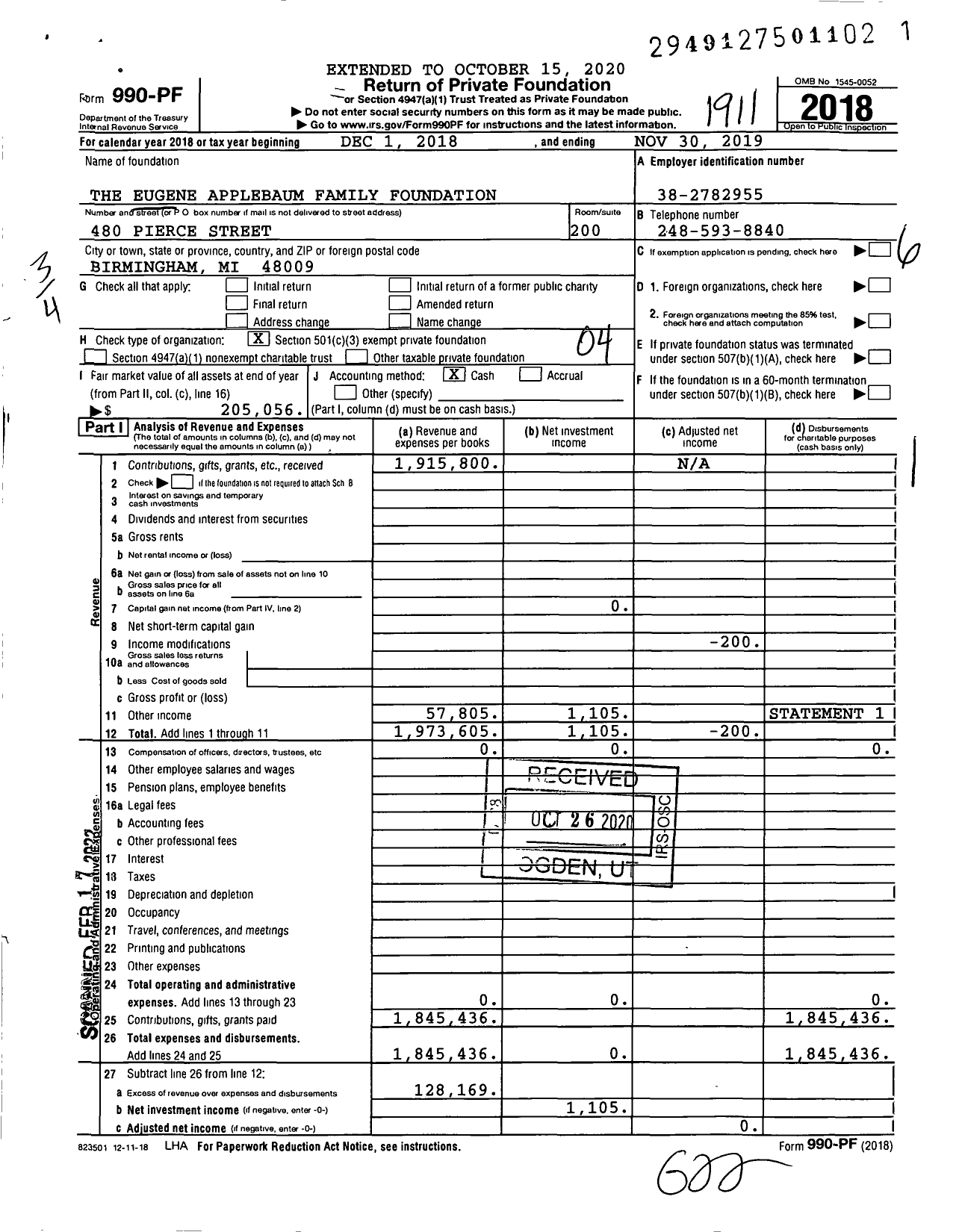 Image of first page of 2018 Form 990PF for The Eugene Applebaum Family Foundation