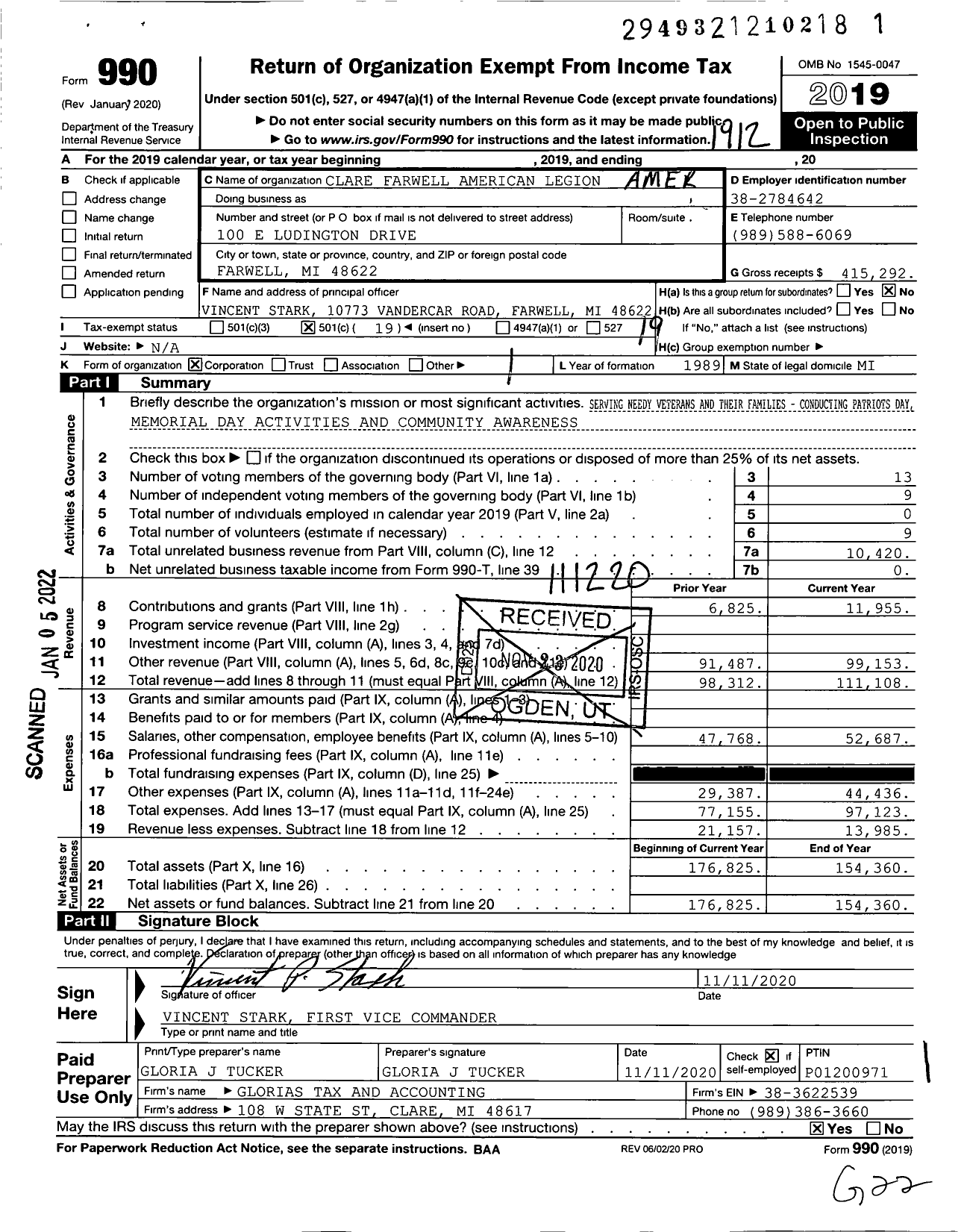 Image of first page of 2019 Form 990O for American Legion - 558 Clare Farwell
