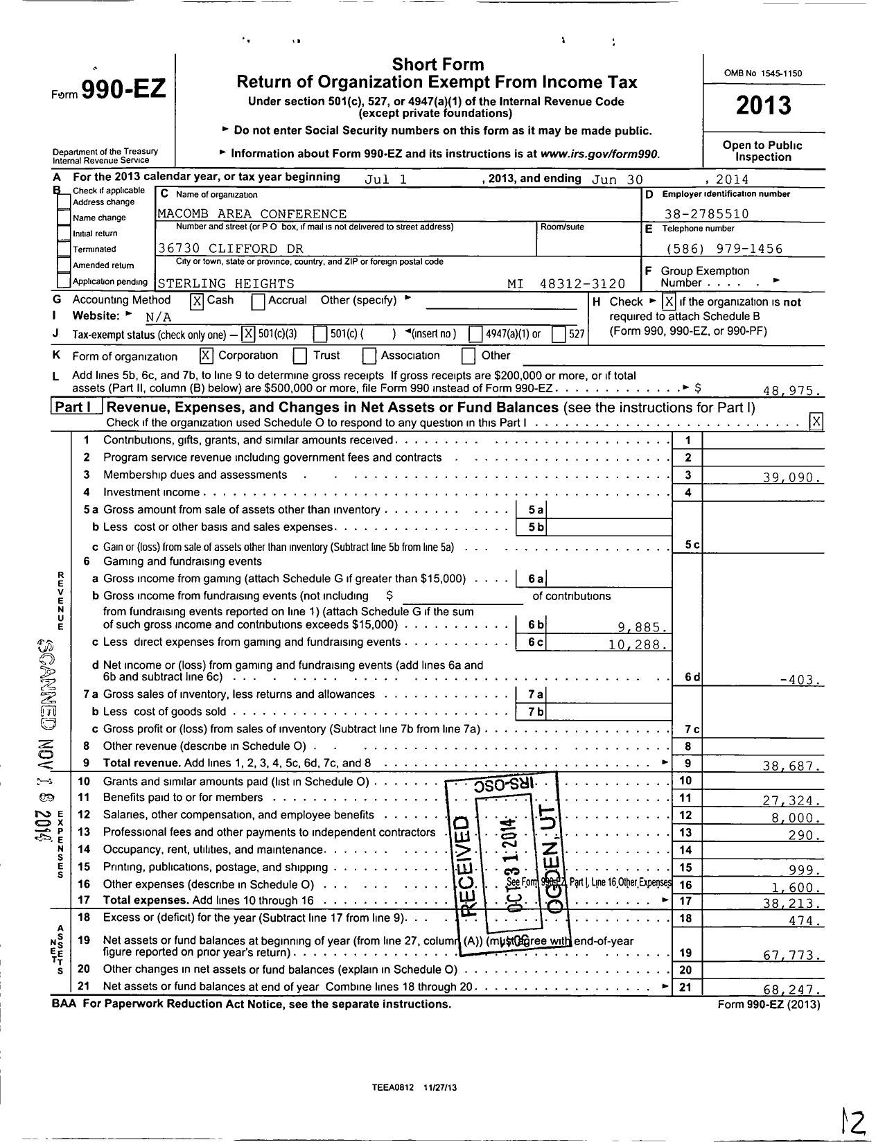 Image of first page of 2013 Form 990EZ for Macomb Area Conference