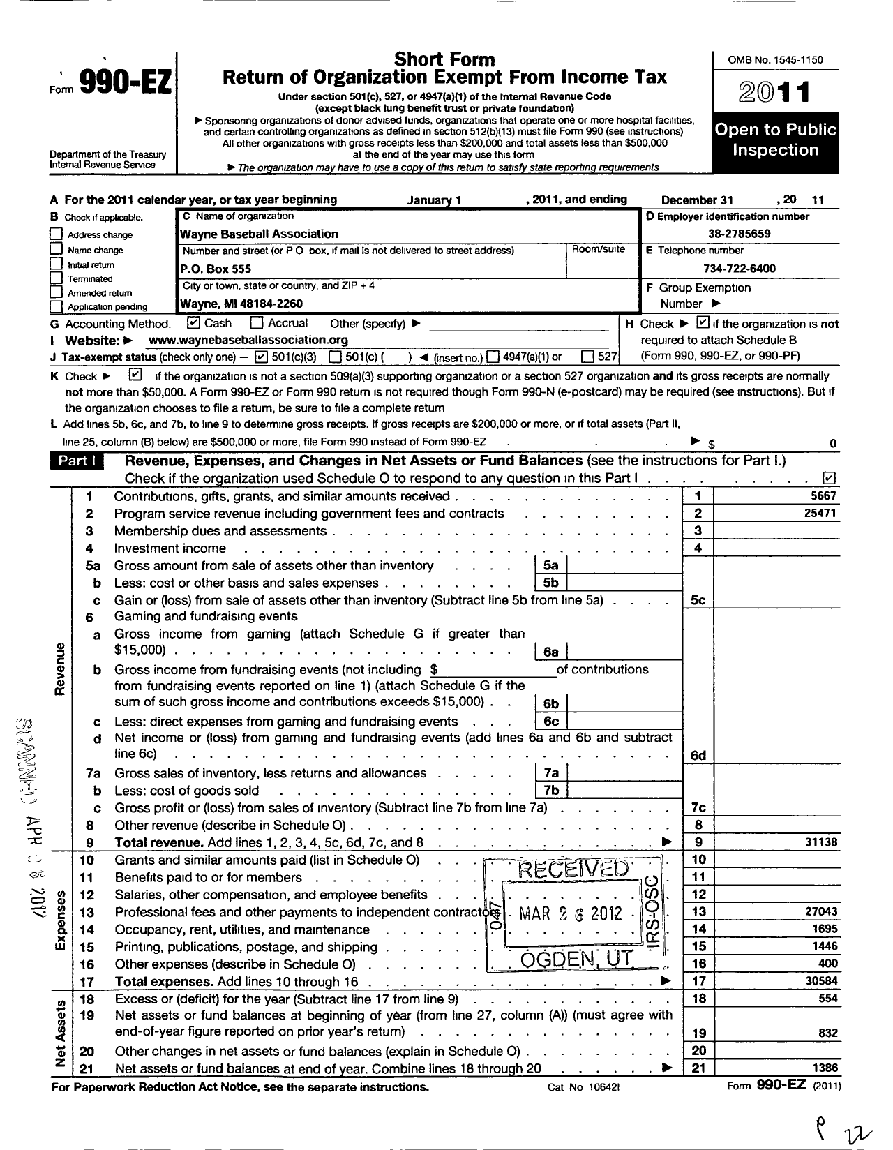 Image of first page of 2011 Form 990EZ for Wayne Baseball Association