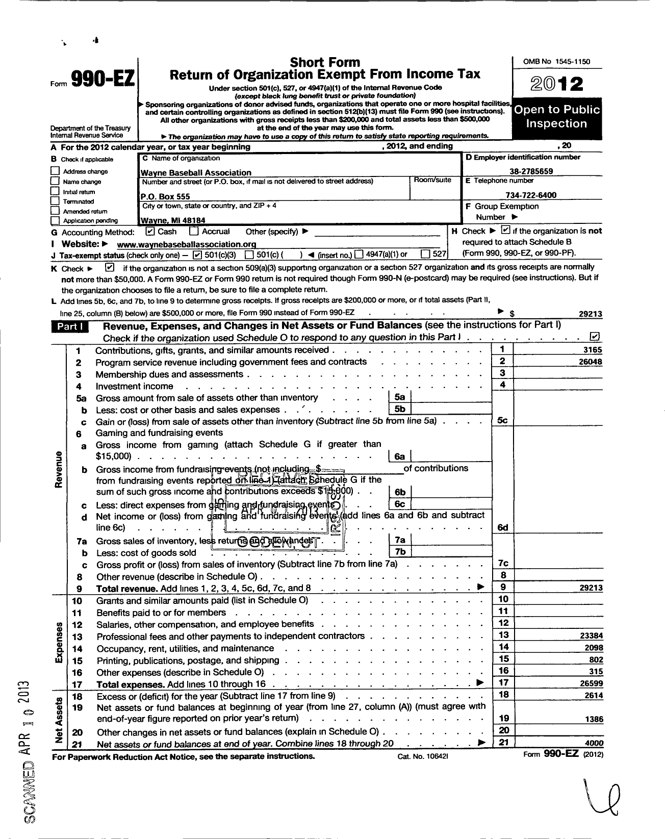 Image of first page of 2012 Form 990EZ for Wayne Baseball Association