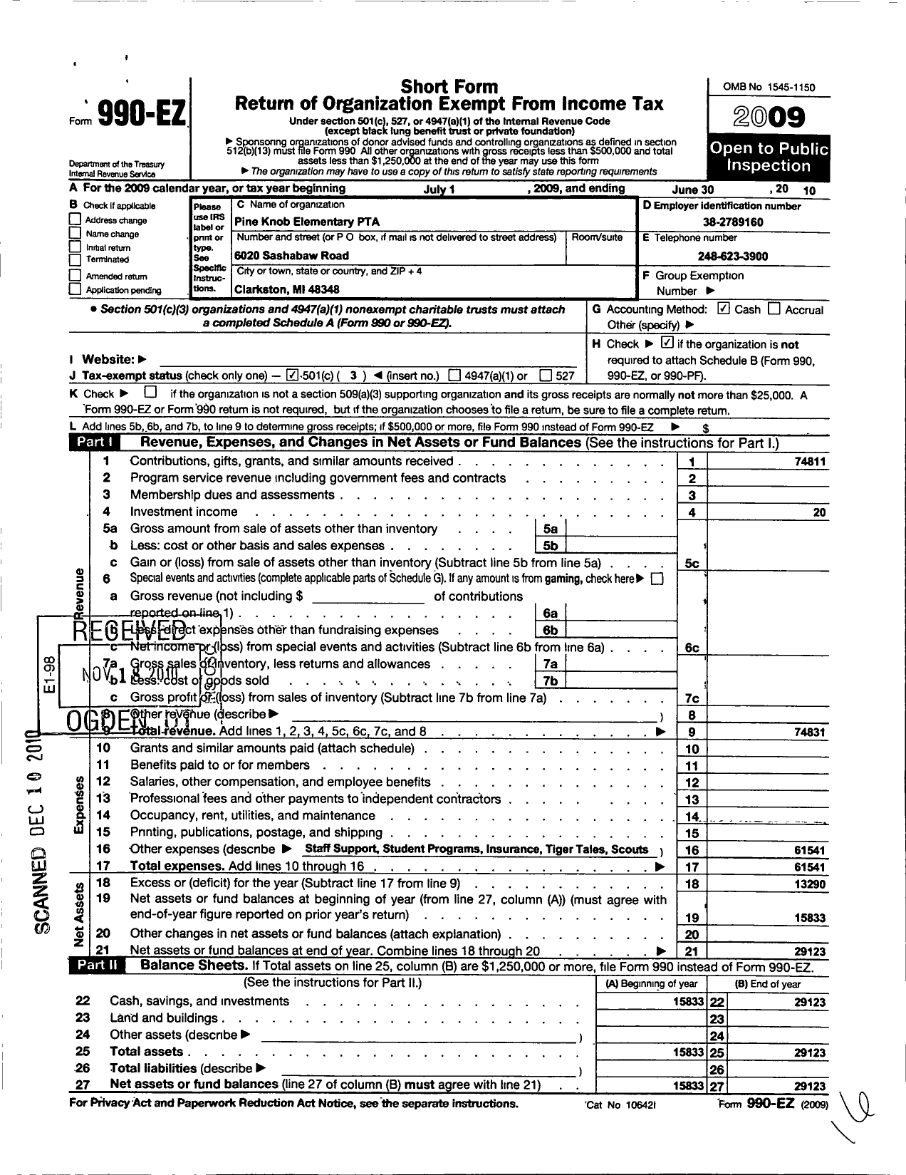 Image of first page of 2009 Form 990EZ for PTSA Michigan Congress of Parents Teachers and Students / Pine Knob Elementary PTA