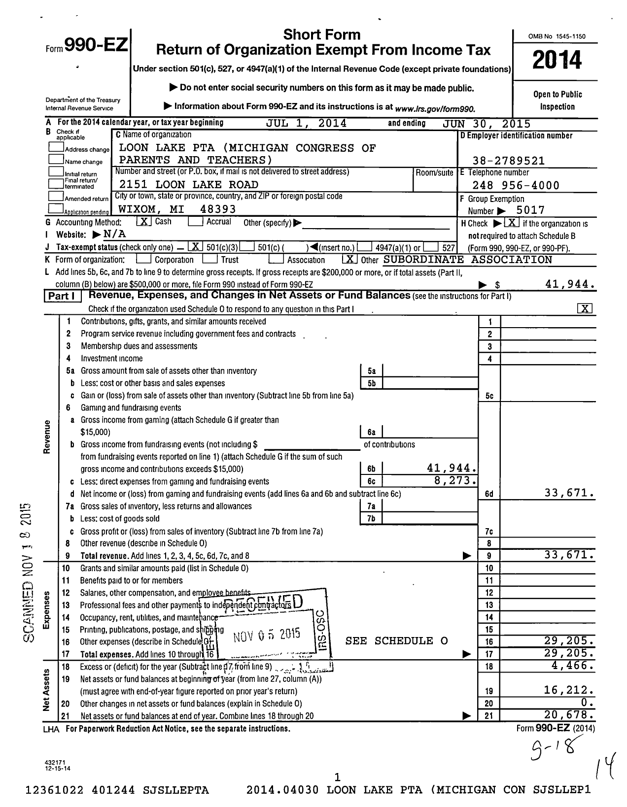 Image of first page of 2014 Form 990EZ for Ptsa Michigan Congress of Parents Teachers and Students / Loon Lake Elementary PTA