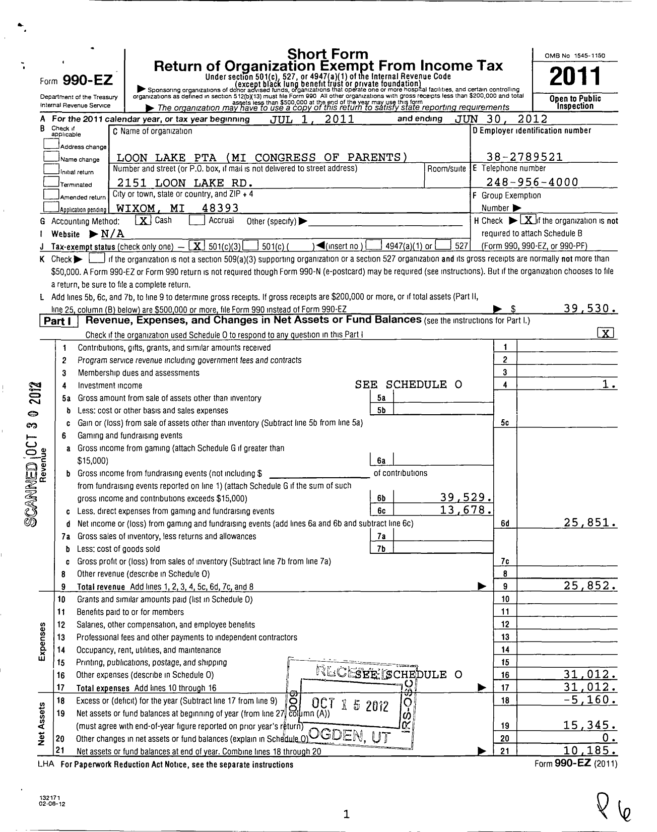 Image of first page of 2011 Form 990EZ for Ptsa Michigan Congress of Parents Teachers and Students / Loon Lake Elementary PTA