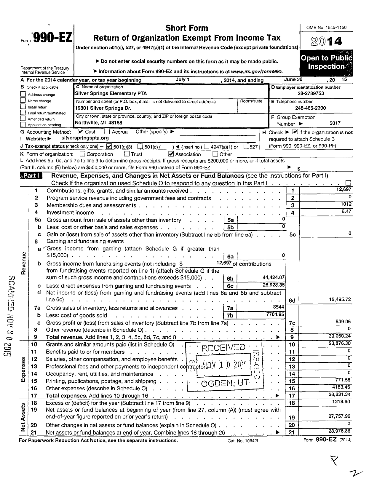 Image of first page of 2014 Form 990EZ for Ptsa Michigan Congress of Parents Teachers and Students / Silver Springs Elementary PTA