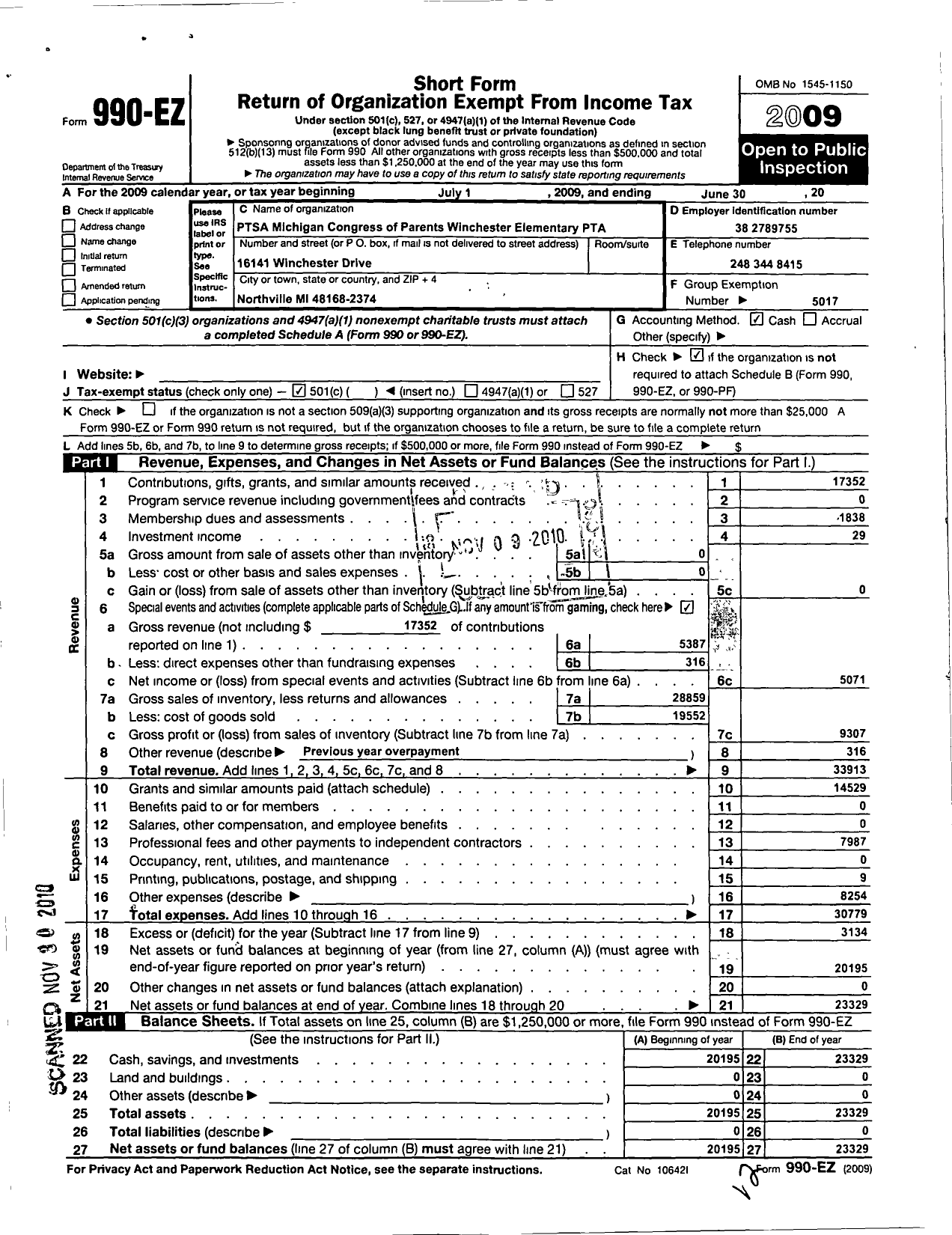 Image of first page of 2008 Form 990EO for Ptsa Michigan Congress of Parents Teachers and Students / Winchester Elementary PTA