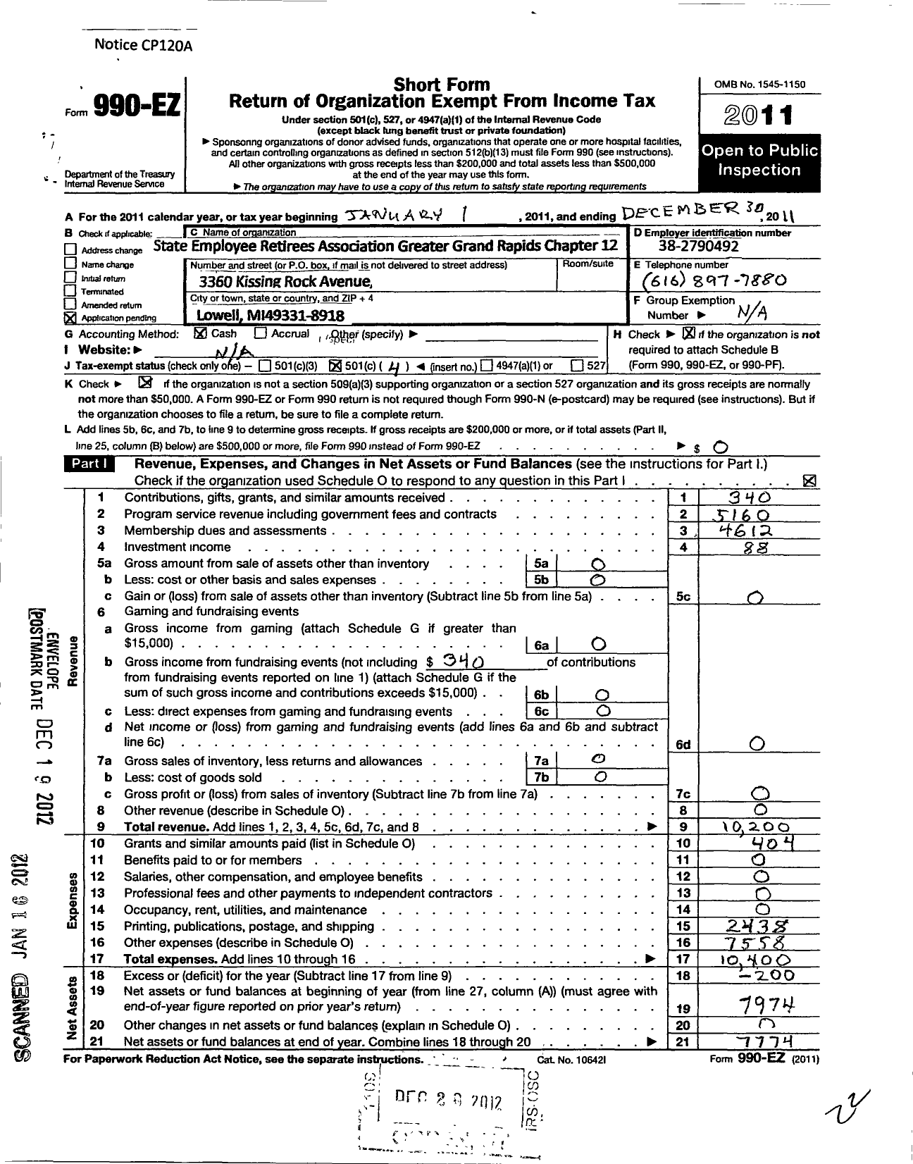 Image of first page of 2011 Form 990EO for State Employee Retirees Association Grand Rapids Chapter