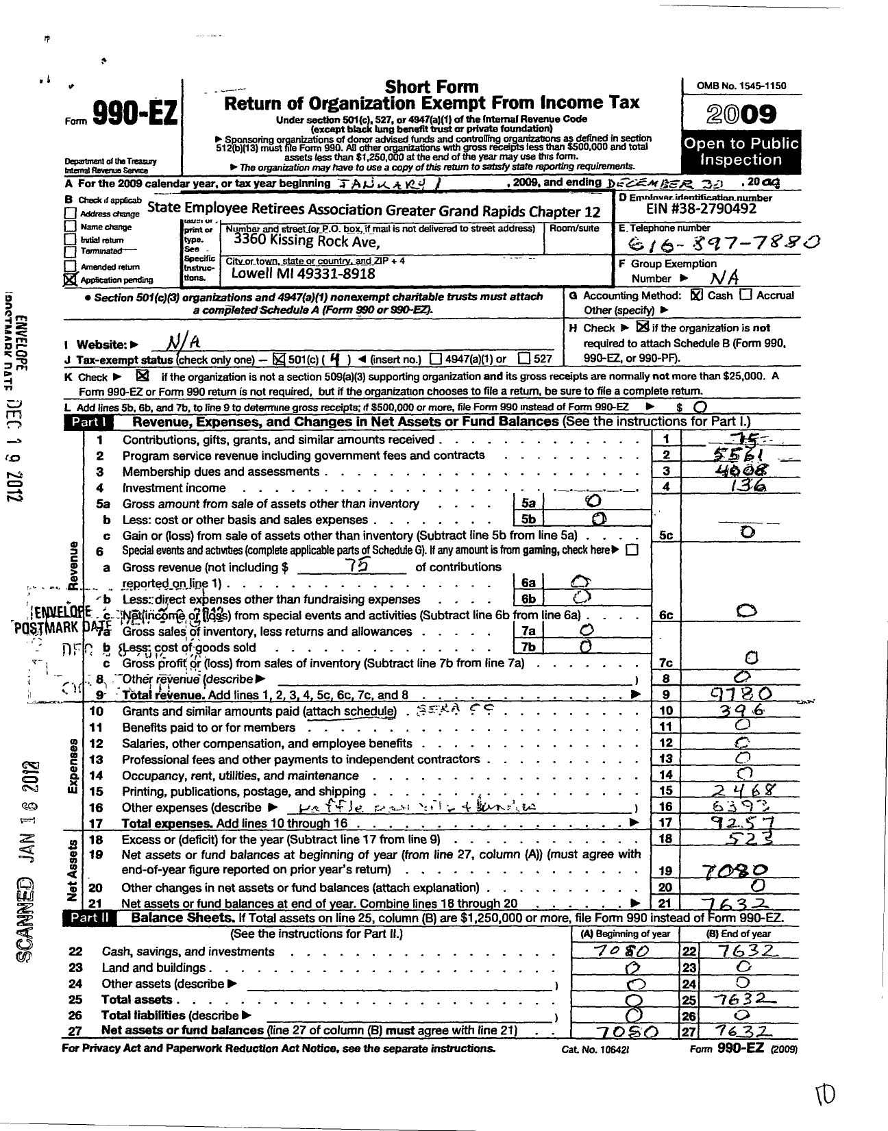 Image of first page of 2009 Form 990EO for State Employee Retirees Association Grand Rapids Chapter