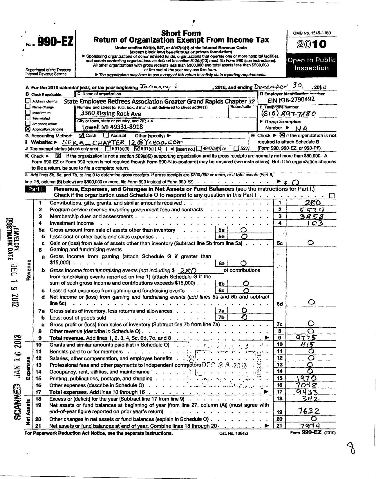 Image of first page of 2010 Form 990EO for State Employee Retirees Association Grand Rapids Chapter