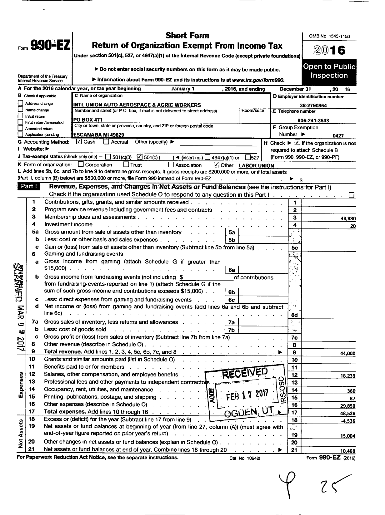 Image of first page of 2016 Form 990EO for Uaw - International Union United Auto Aerospace and Agricultural Workers of America