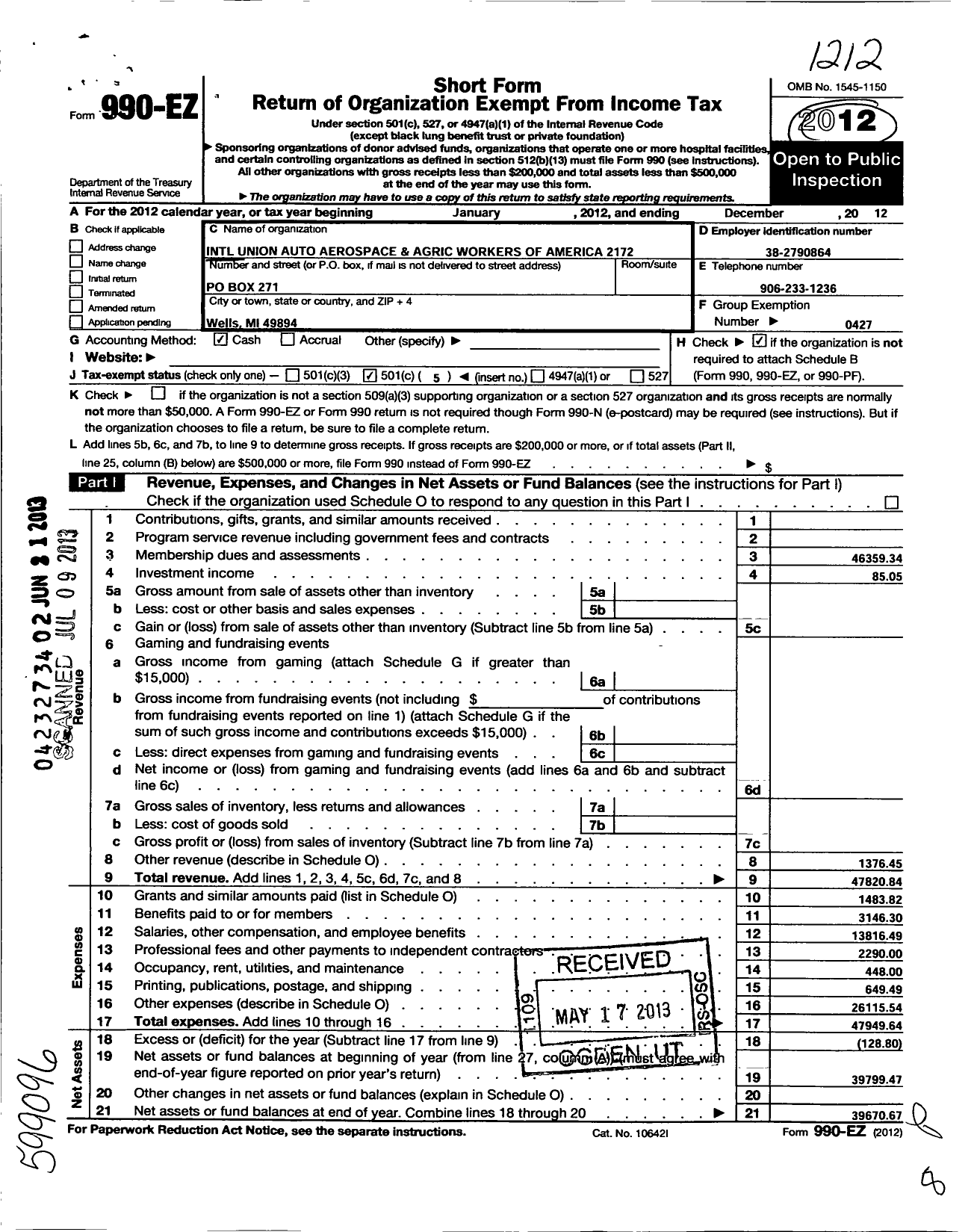 Image of first page of 2012 Form 990EO for Uaw - International Union United Auto Aerospace and Agricultural Workers of America