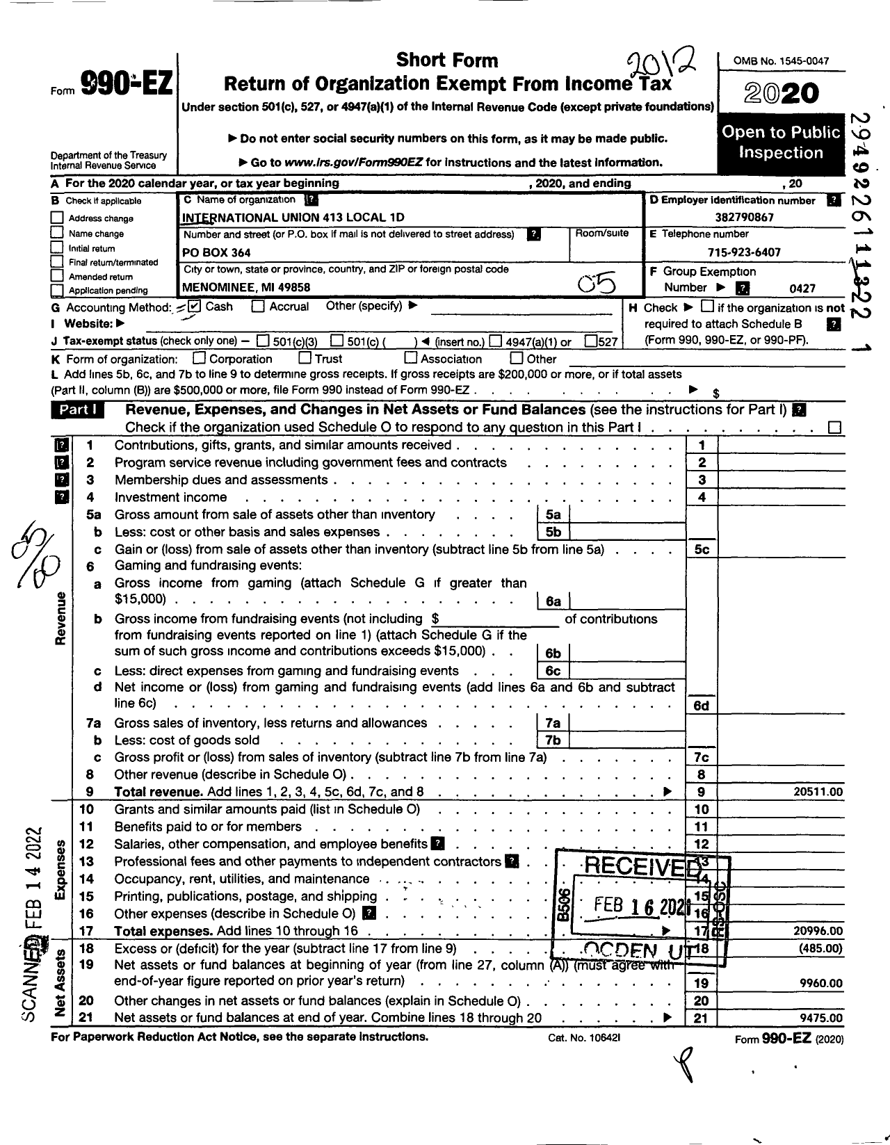 Image of first page of 2020 Form 990EO for Uaw - 413 Local