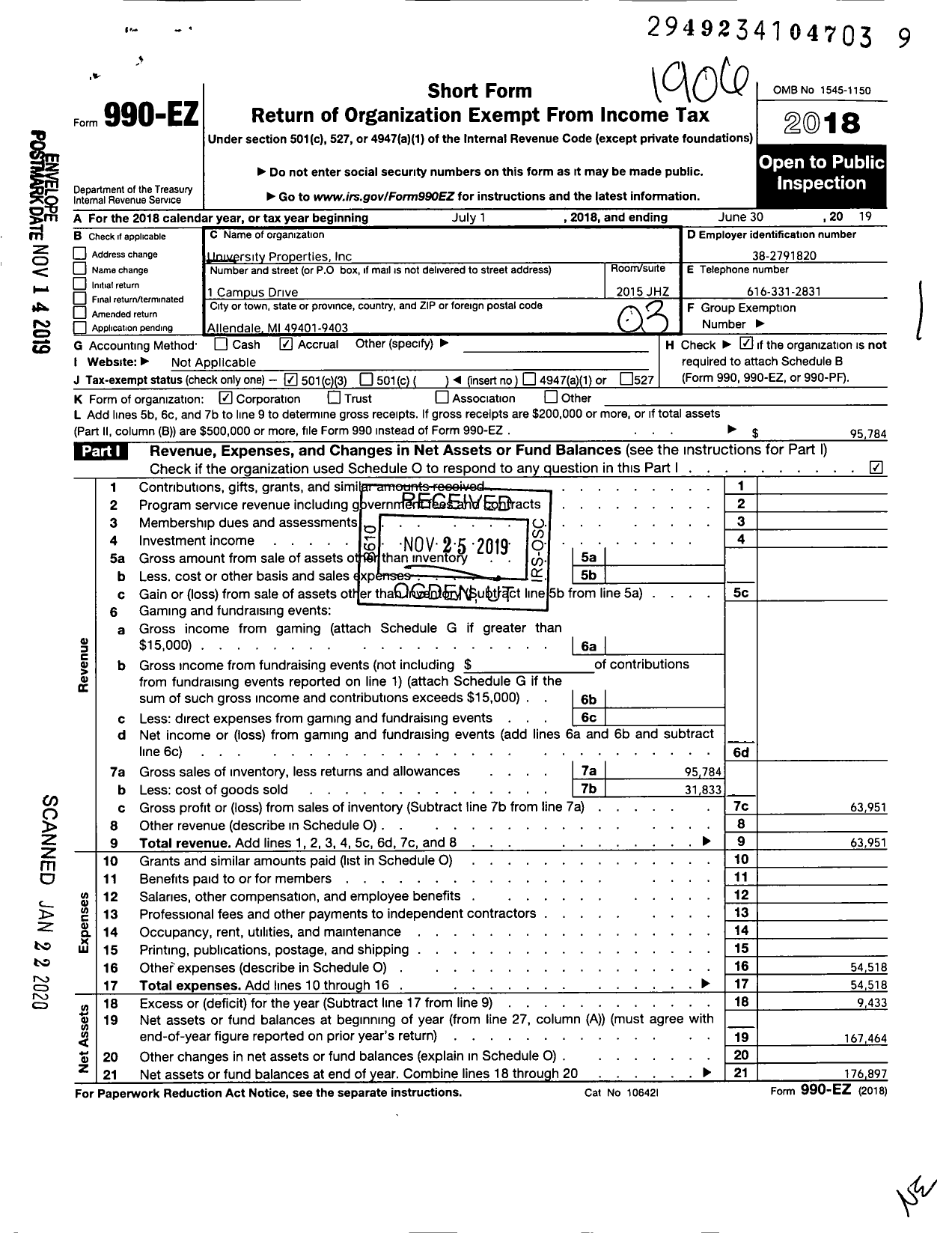 Image of first page of 2018 Form 990EZ for University Properties