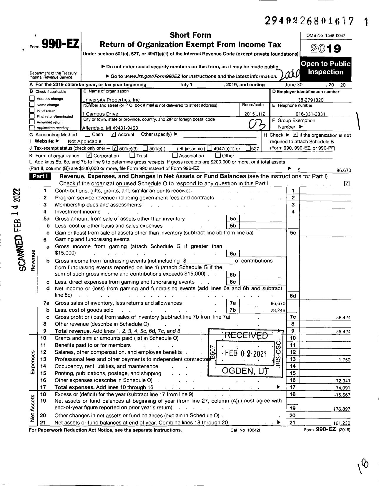 Image of first page of 2019 Form 990EZ for University Properties