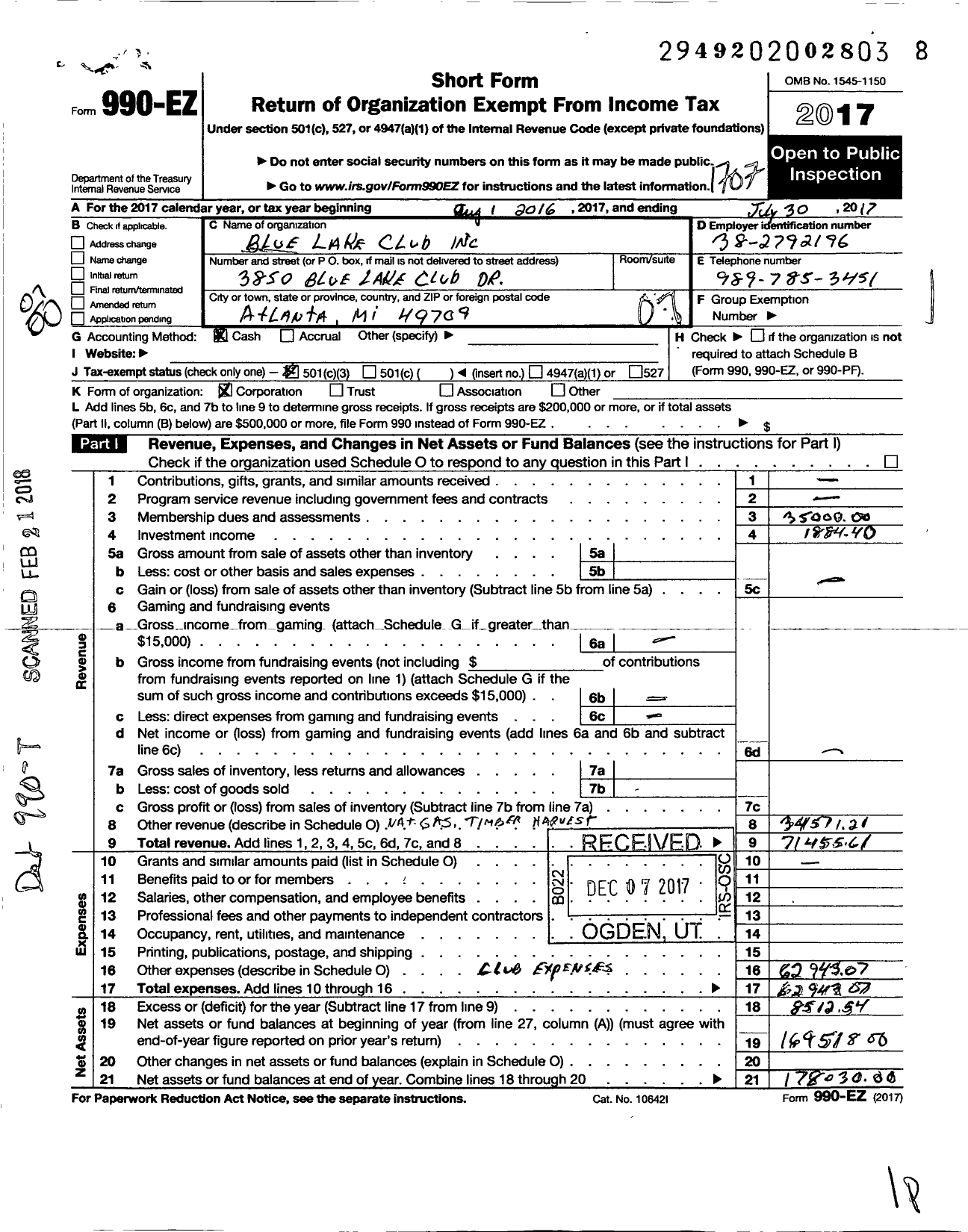 Image of first page of 2016 Form 990EO for Blue Lake Club