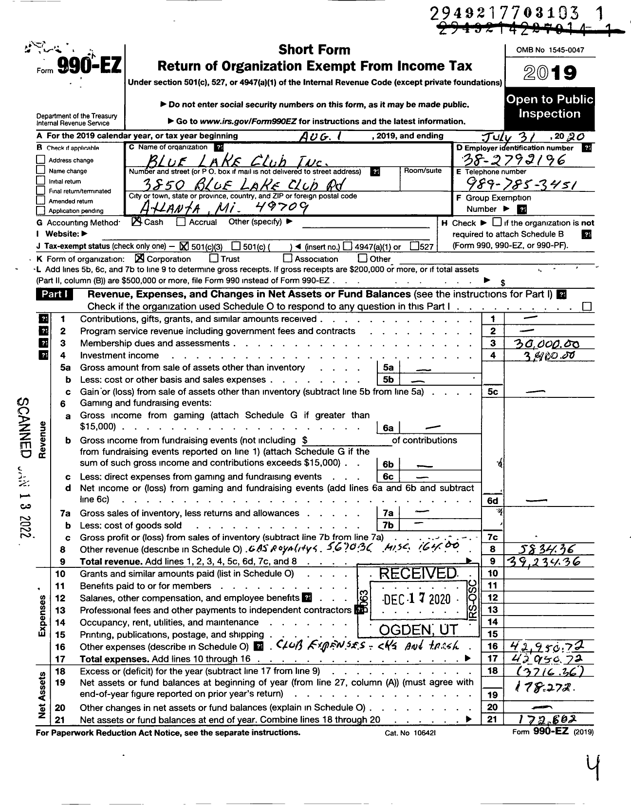 Image of first page of 2019 Form 990EZ for Blue Lake Club