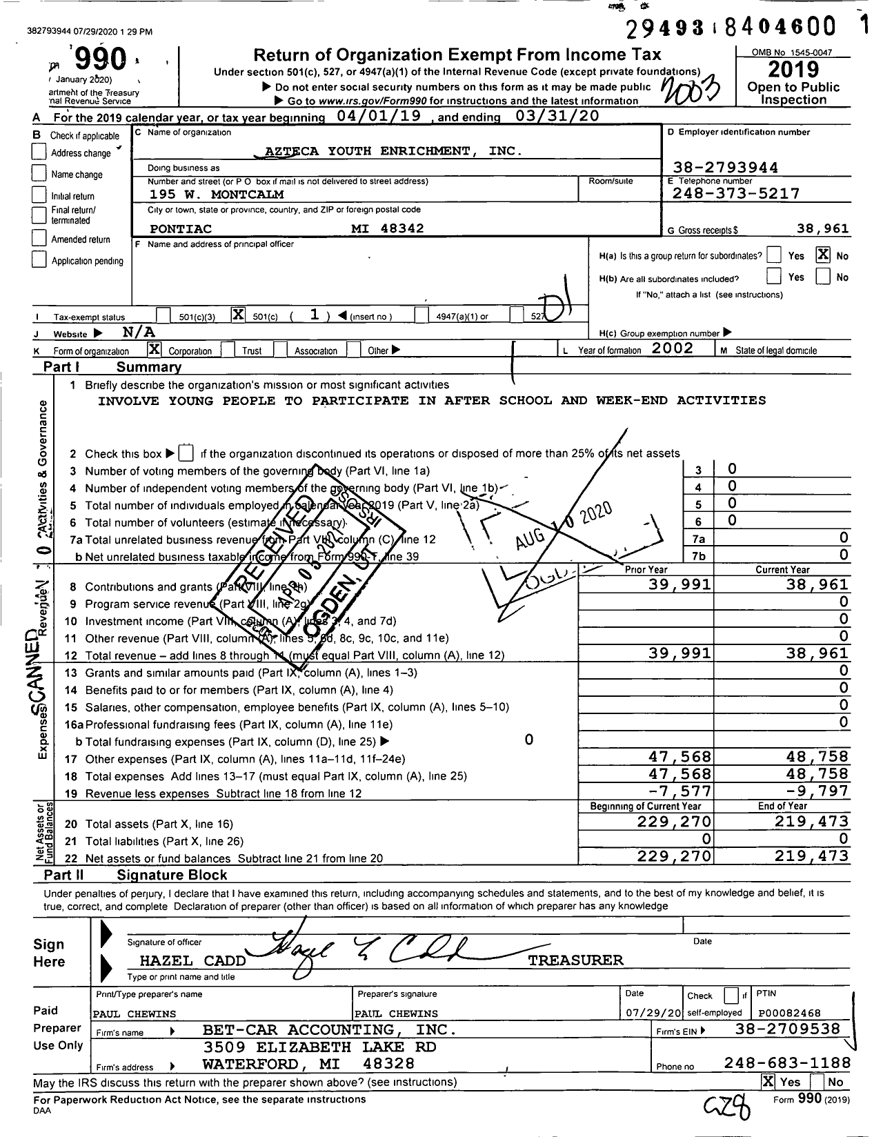 Image of first page of 2019 Form 990O for Azteca Youth Enrichment