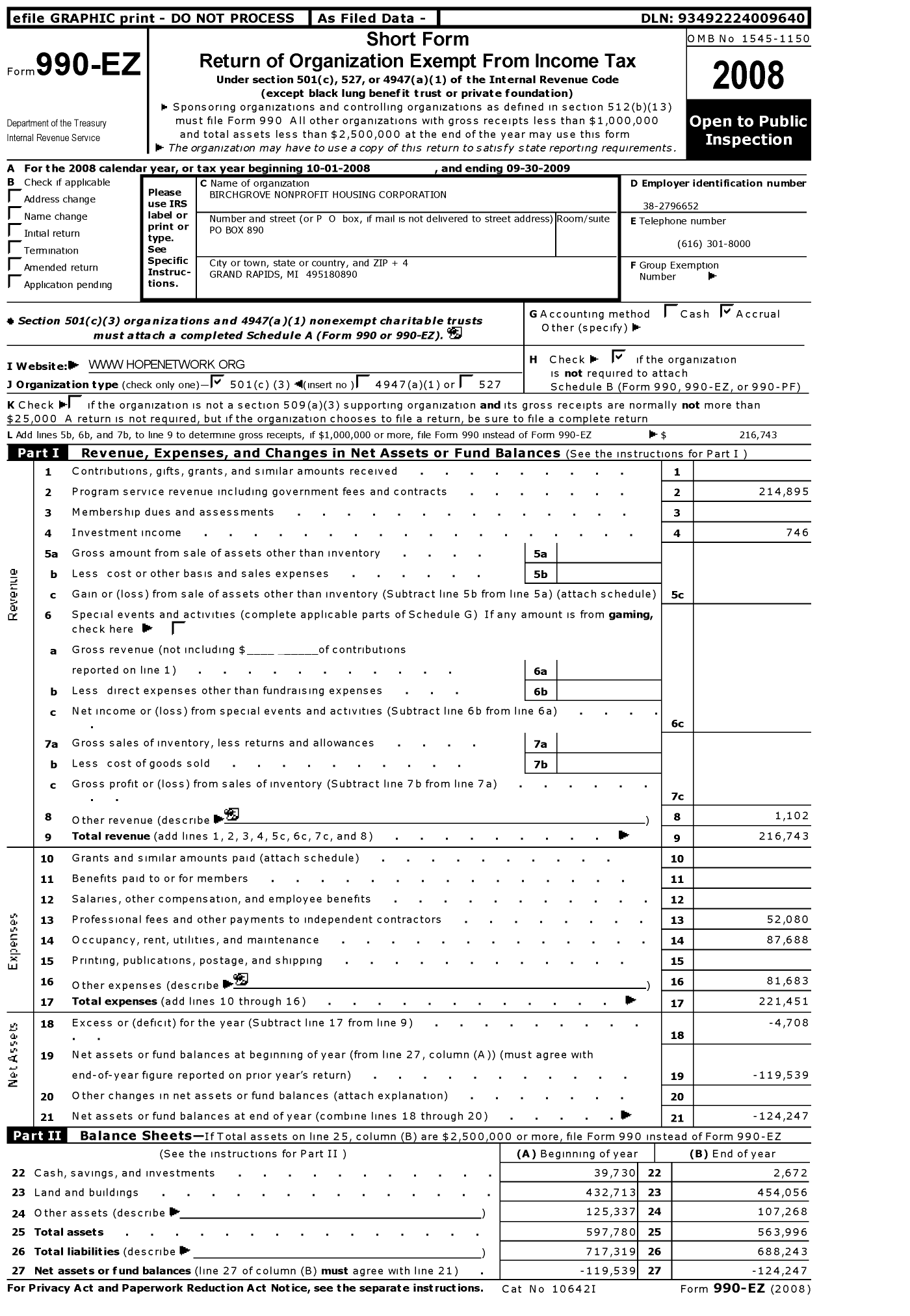 Image of first page of 2008 Form 990EZ for Birchgrove Nonprofit Housing Corporation