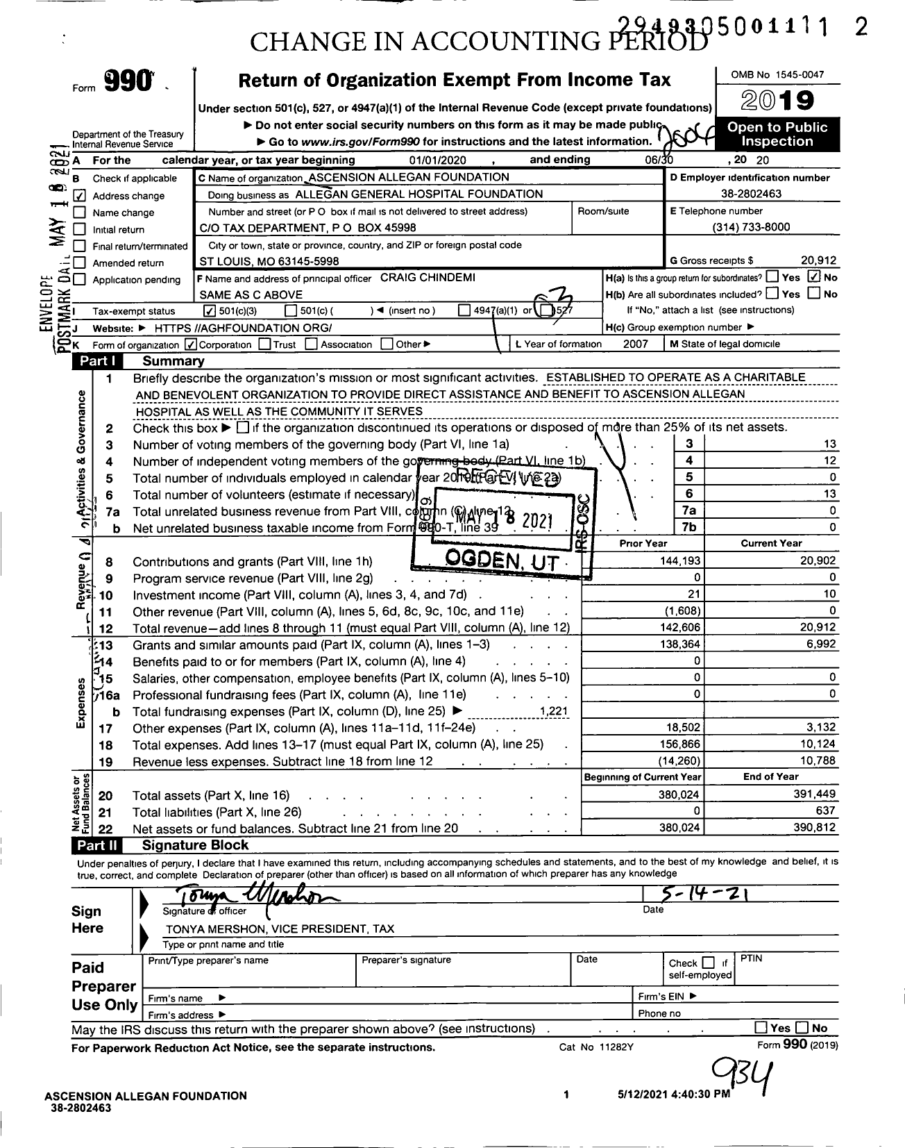 Image of first page of 2019 Form 990 for Allegan General Hospital Foundation Ascension Michigan Foundation